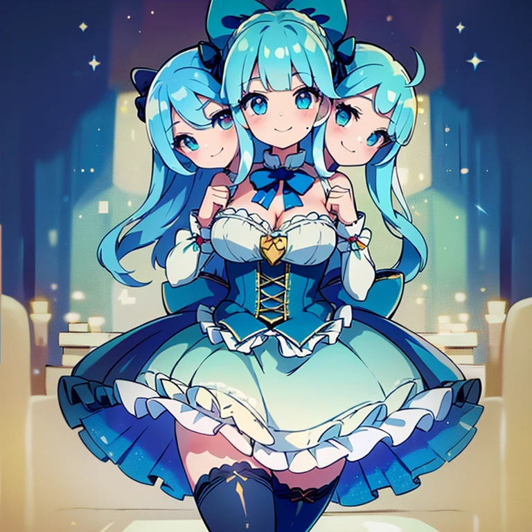 (highest quality, amazing details: 1.25), (masterpiece), good artist, 1girl, (2heads:1.5),smug, naughty, chalk-white skin, solid gold eyes, self-satisfied smile, waist-length aqua blue hair, petite figure, a frilly sky blue and cyan dress with a large waist ribbon, a lace-up bodice with a large chest bow, overlong sleeves, and a skirt ornamented with bows, over layers of petticoats, dark cyan tights, and sky-blue lace-up boots with cyan bow ornaments., both heads having same hair color, magical girl