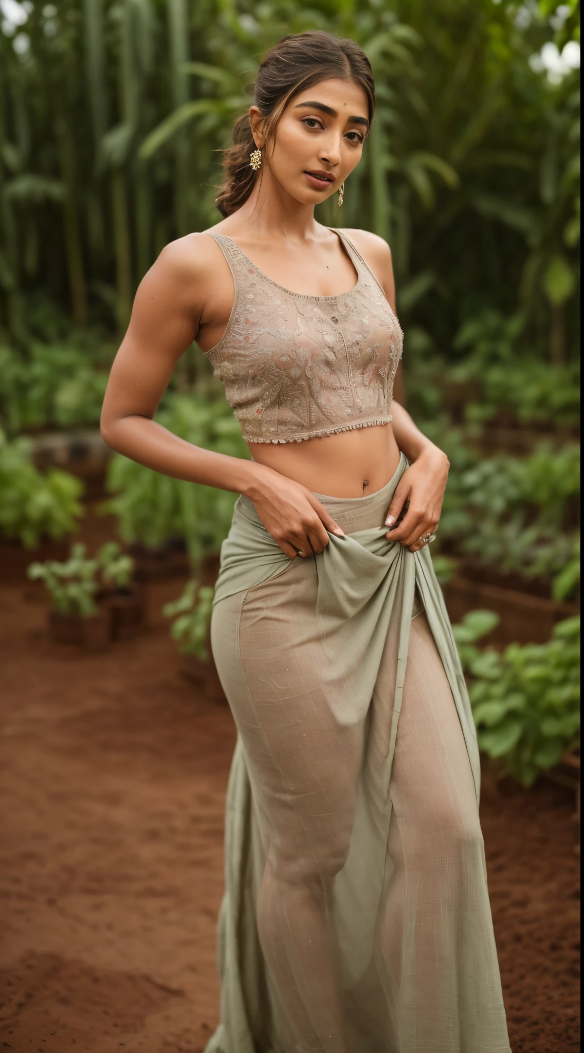 [( photograph of  hottest celebrity pooja hegde (poojah) )] ( ( full body shot,random shot), (no makeup )  tattooed woman, (damaged dirty tank top, random  color long skirt)Tall woman, (she is planting in  the home vegetable garden, light rain background), indian village house garden, lots of vegetables ) (insanely realistic detailed skin texture, detailed face) [depth of fields] ((perfect body parts, (hyper photorealistic  ), 85mm, 100mm lens ))