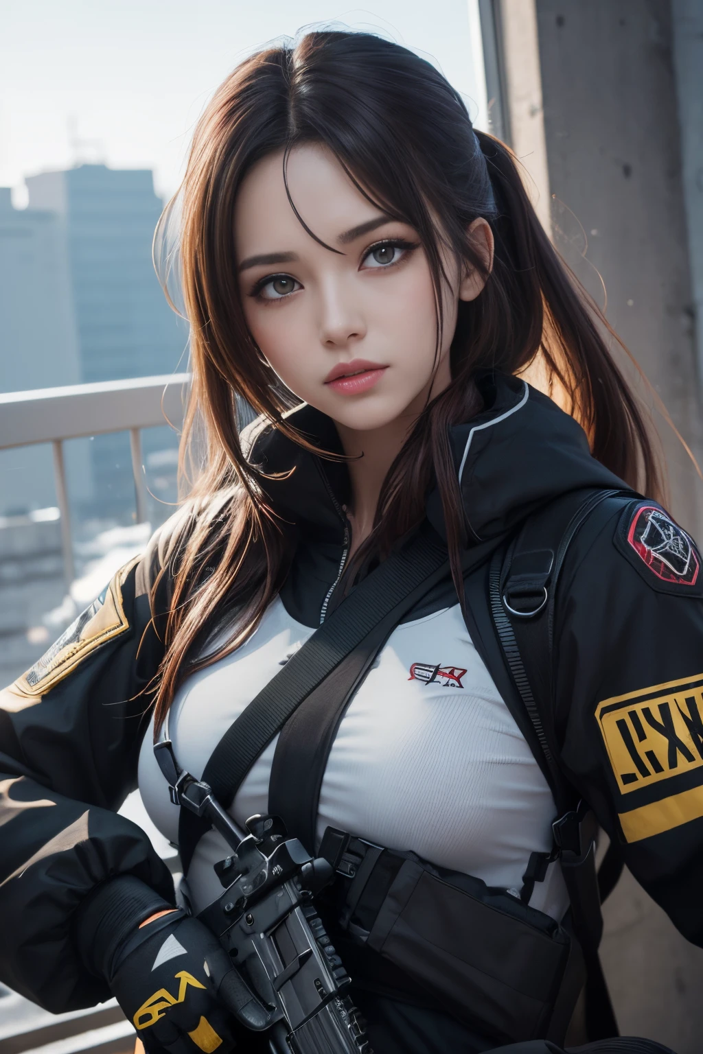 (8k, La mejor calidad, Obra maestra:1.2) personajes de anime labios rojos gruesos y calientes Ojos 4k y cara extremadamente detallados,hermosos ojos azules hermosos ,con pechos enormes muslos hechizantes cuerpo completo sentados en un banco en la nieve con un rifle, Desde NCSOFT, De Girls Frontline, Ilustraciones oficiales HDR,