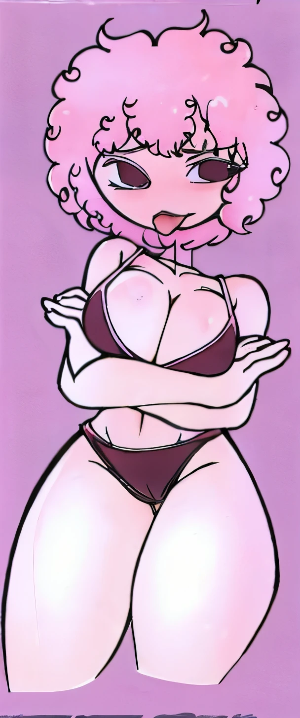 cartoon drawing of a woman with a pink hair, thicc, bubblegum body, some pink, hands behind her body pose!, pink body, full body portrait of a short!, cel shaded!!!, covered in pink flesh, oppai proportions, small curvy , sexy pudica pose gesture, pink iconic character, cell shaded adult animation, fluffy chest, completely naked, nude, cum from pussy,