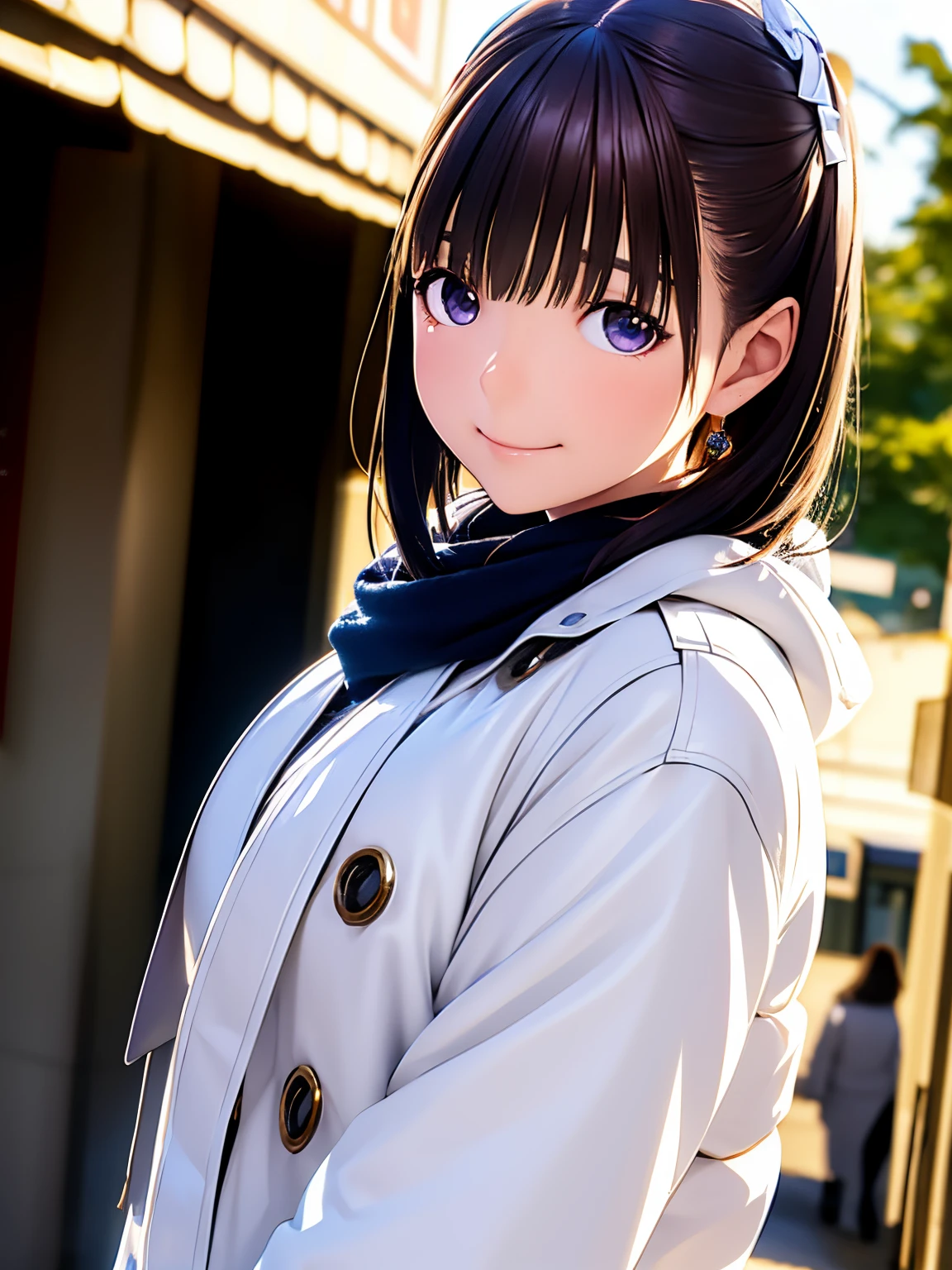 hight resolution,8K,Best Quality,detaileds,semi - realistic anime,Anime 3D Style,Smooth Anime CG,1 girl in,20 year old woman in Japan,slim,modeled,shiny chestnut hair,Medium Hair,Detailed face,Beautiful and detailed eyes,Glowing skin,(coat,layered clothes,Winter clothes),earring beautiful,Winters,cold morning in december,Hard Focus、film grains,Soft lighting,looking at the viewers,A smile,Angle from the side
