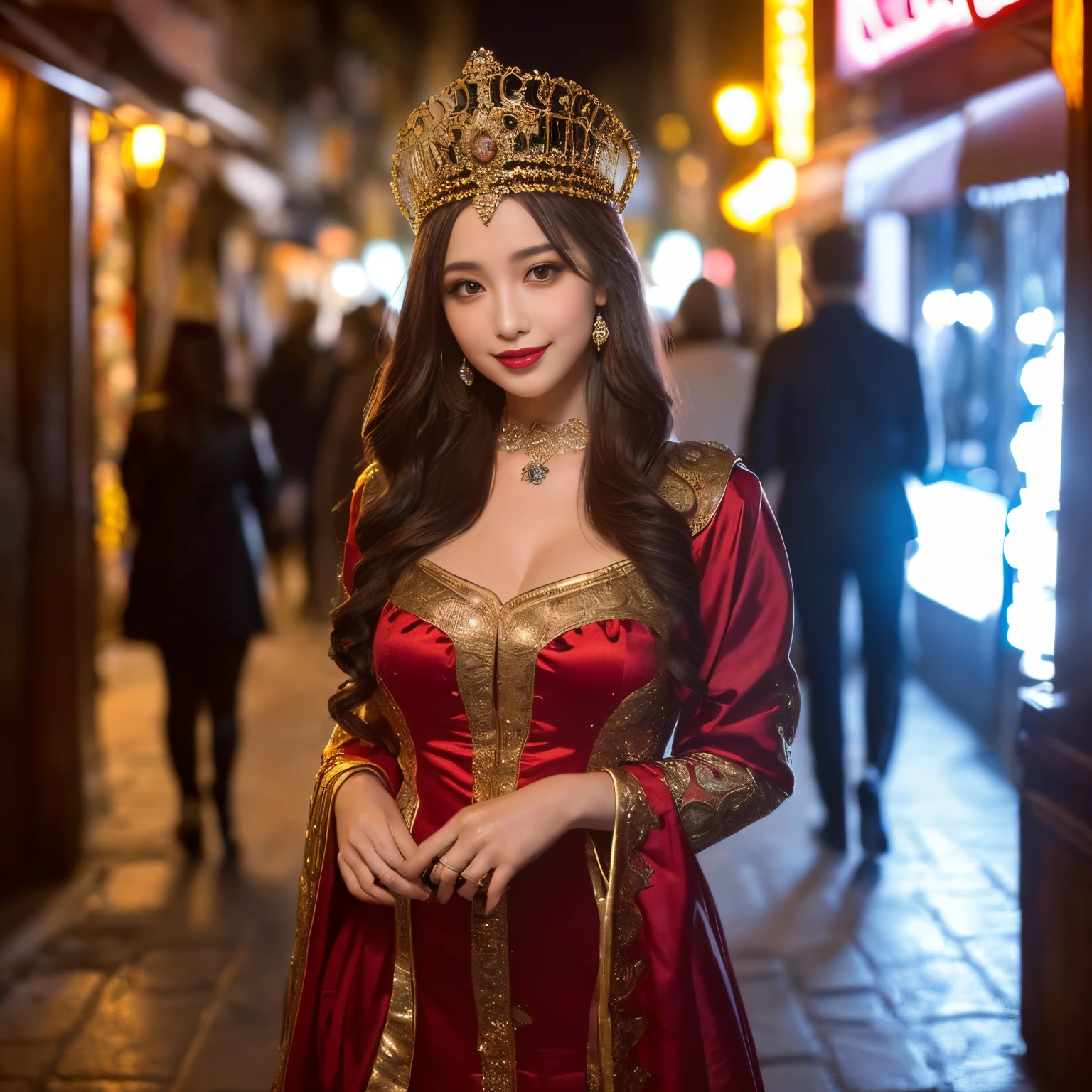((top-quality、masutepiece、8K、Top image quality、Highly complex and detailed depictions))、(majestic and most beautiful greek goddess pictures:1.3)、Luxurious red-light district of medieval Greece、(The most luxurious and intricate goddess costumes:1.3)、(The most luxurious and majestic goddess's huge luxurious costume:1.3)、((The most luxurious costumes of Greek goddesses、The most extravagant and lewd red-light district、An unimaginably huge entertainment district、A very luxurious and obscene red-light district in medieval Greece、A huge red light district at midnight in medieval Greece、Very complex decoration)、(View me、Bewitching smile、long eyelashes、Perfect makeup、lipsticks、A slight smil)、(perfect anatomia:1.2)、(Blurry distant view:1.2)、(Portrait photos:1.3)、spectacular movie lighting、(romantic mood night:1.1)、(Perfectly recreates the atmosphere of medieval Greece's red-light district:1.3)、(obscene entertainment district:1.1)、(Obscene mood 1.1)
