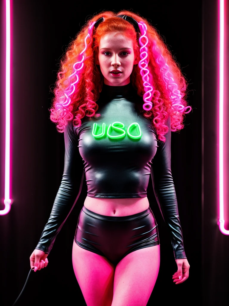 (full body shot, ultra-detailed, best quality, photorealistic:1.37, 4k, realistic, photography, female model, curly redhead, dressed with neon, iconic pose, very dark, low key, detailed facial features, pink fog, vibrant colours, 35mm)