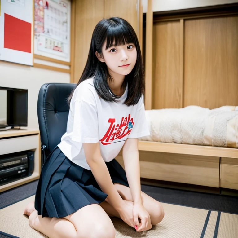 An ultra-high picture quality、Perfect Photo、Japan beautiful girl、、female high-school student、Slender body、Black hair Long hair、With bangs、Cute room、Own room、Sit on a chair、Raised mini skirt、Stretch comfortably、Wearing only a plain white T-shirt、Gaze from below、Nokezoru、Adored expression、It hurts a lot、Dazzling、Looks very dazzling、((Stand up on one knee))、(Put one foot on the chair)、ankle、White socks、