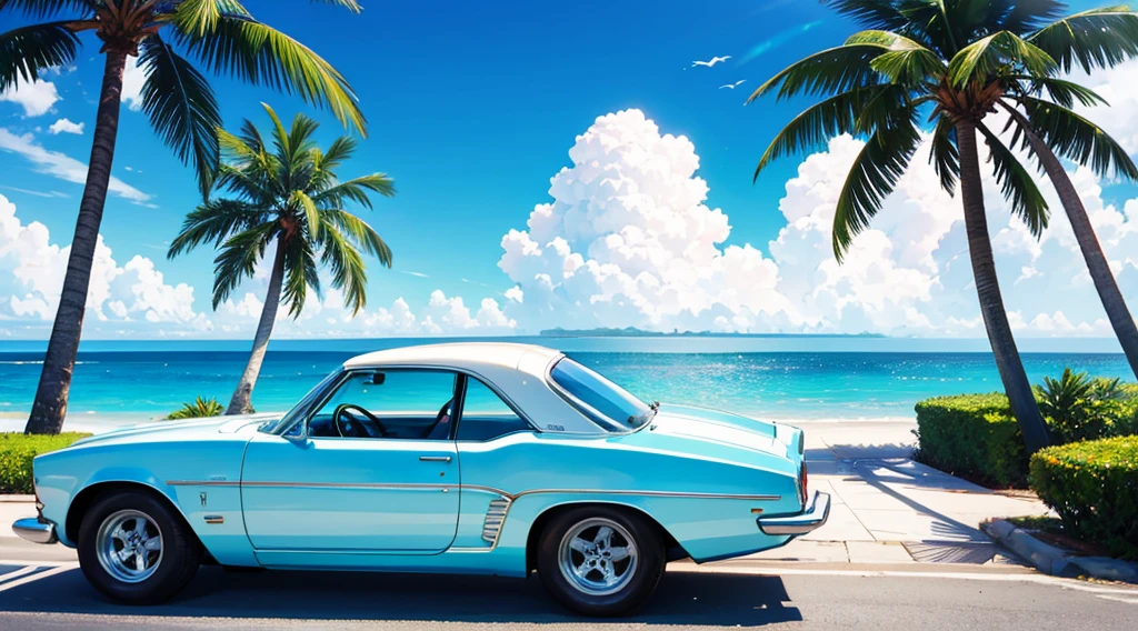 resort area, sea side, palm tree, summer sky, white and blue american classic car