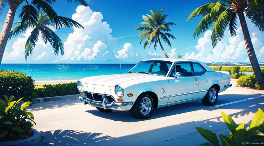 resort area, sea side, palm tree, summer sky, white and blue american classic car