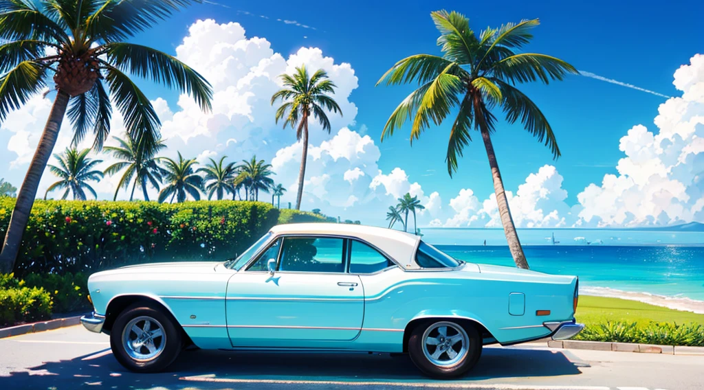 resort area, sea side, palm tree, summer sky, white and blue american classic car