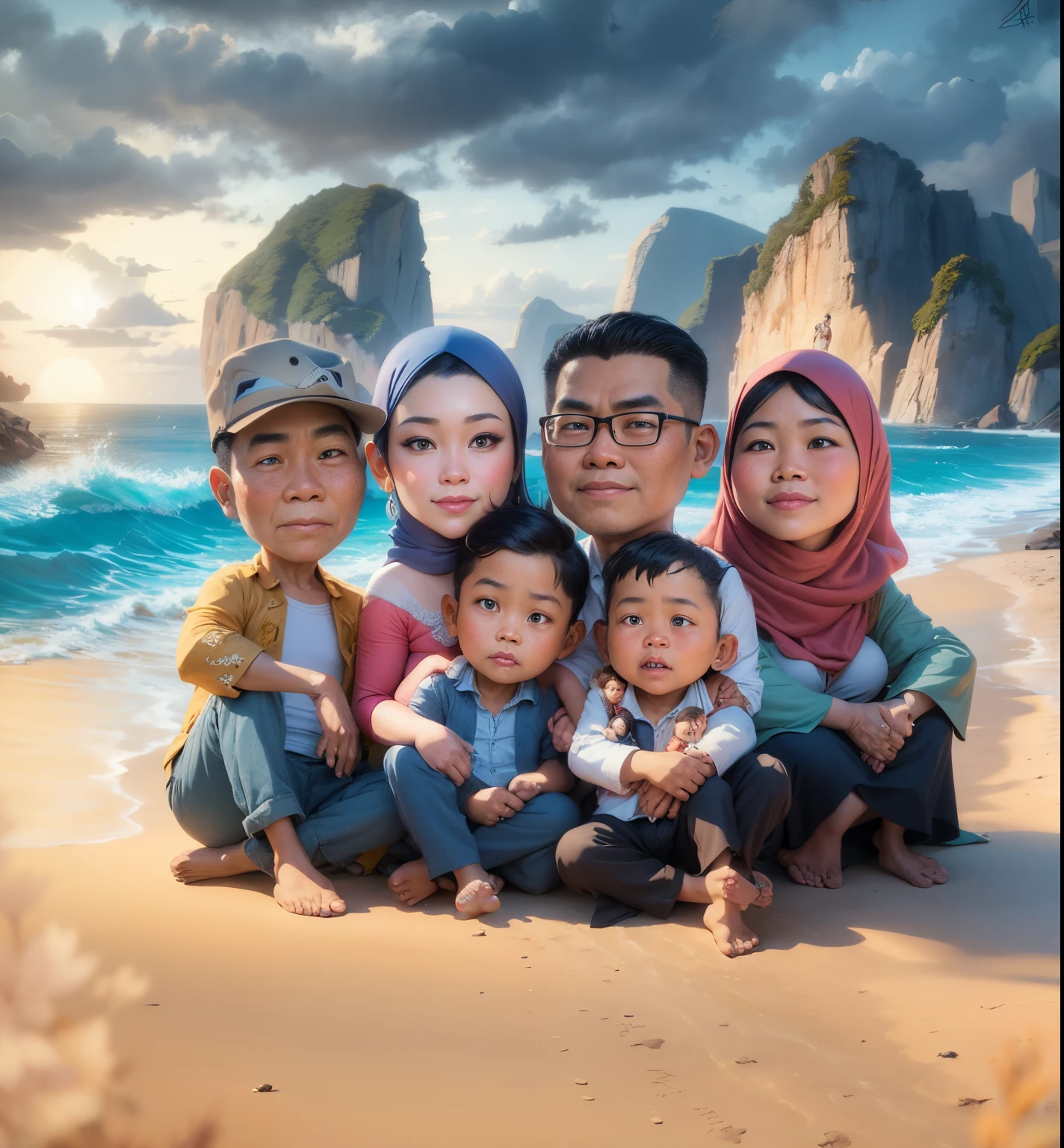 there are a group of people sitting on the beach together, an indonesian family portrait, barong family, happy family, in cartoon style, family, potrait, realistic cartoon, family portrait, realism artstyle, caricature illustration, cartoon art, cartoon digital art, digital art cartoon, photorealistic!!!!!!! art style, by Abidin Dino, cartoon artstyle