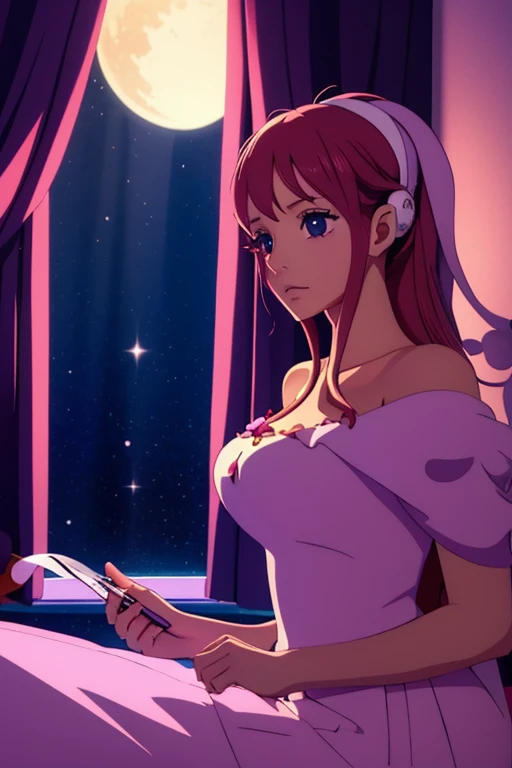 Fille écoutant de la musique dans une chambre confortable la nuit, décoration de Noël. Utilisation d'écouteurs, Anime de style 2D, Lo-fi, Disque dur, Environnement sombre