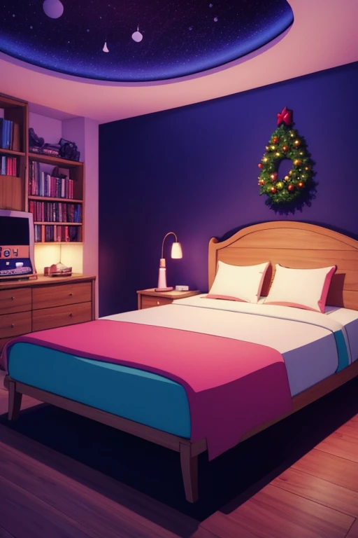 Fille écoutant de la musique dans une chambre confortable la nuit, décoration de Noël. Utilisation d'écouteurs, Anime de style 2D, Lo-fi, Disque dur, Environnement sombre