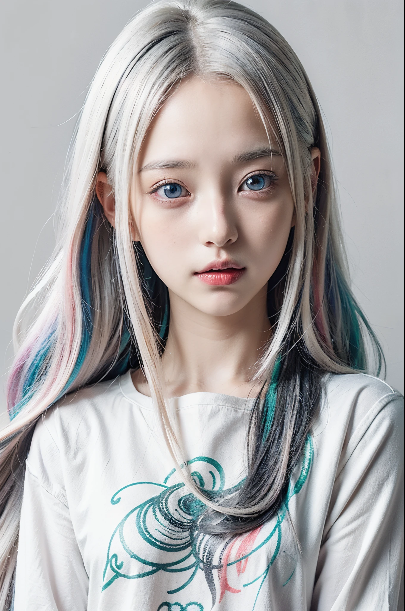 ((Best Anime Designer Illustration Cute Girl:1.3)), (cute female ), A girl with (Colored eyes, heterochromatic, Multicolored:1.4), Long white hair, white skinned (Portrait format), Gray background matte and opaque movie background for Paramount Studios, Hair in the wind, Designers have different focuses.