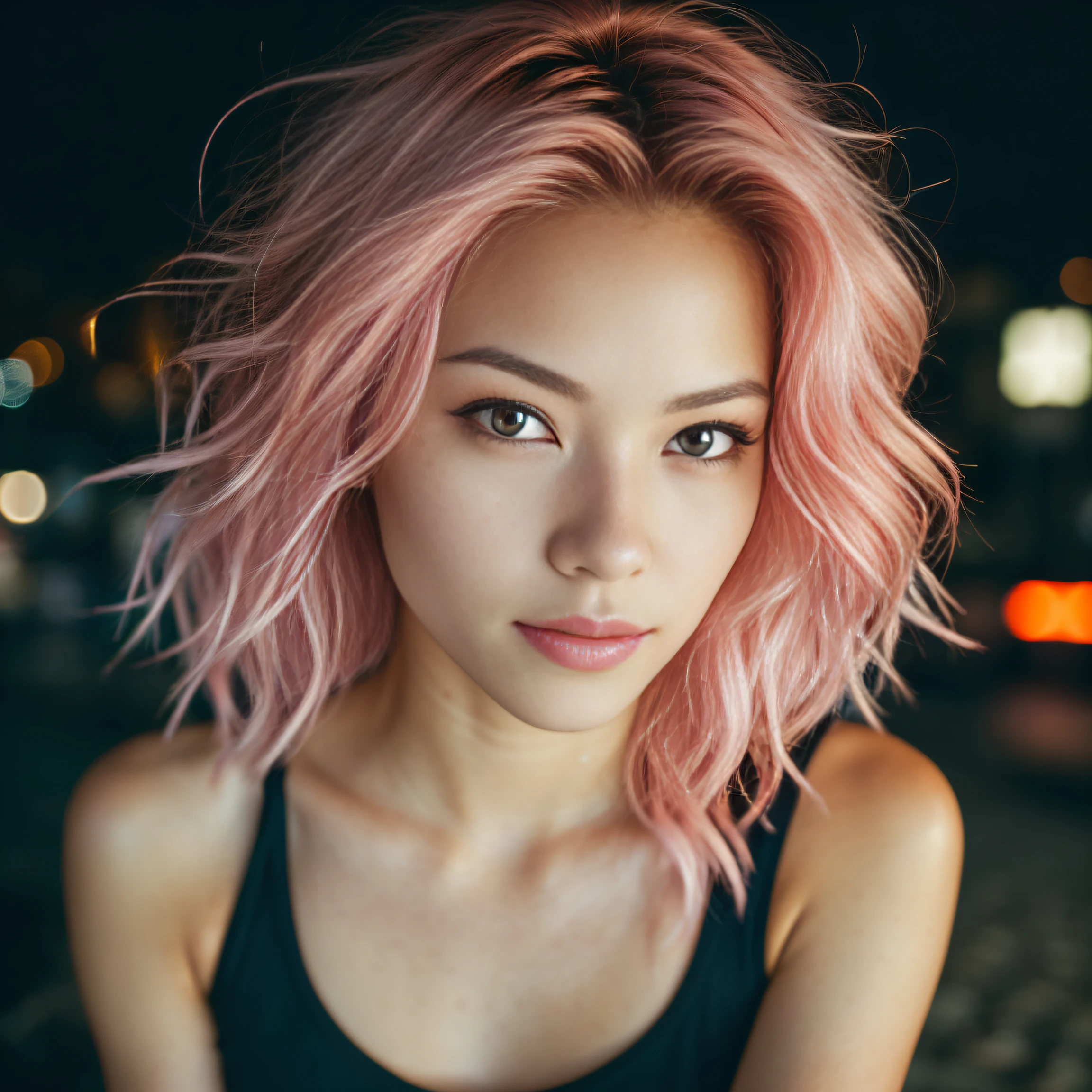 arafed woman with pink hair sitting on the beach, flowing pink hair, with pink hair, photo of a beautiful woman, long flowing pink hair, pink golden hour, curly pink hair, beautiful young asian woman, beautiful asian woman, wild ginger hair, pink wispy hair, light pink hair, a young asian woman, an asian woman, infp young woman, (taking selfies, overhead view: 1.4), (straight half of the torso: 1.4), Portrait photo of a 24-year-old french girl in RAW UHD format (Black-eyed woman) Walk down the dark alley, night city, Details (textures! , Hair! , glistering, Color!! , imperfections: 1.1), highly detailed glossy eyes (looking at the camera), DSLR Lighting, SLR camera, Ultra-Quality, sharpness, Depth of field, Film grain (Downtown), Fujifilm XT3, Crystal clear, Frame Center, beatiful face, sharp-focus, street lamp, neon lighting, bokeh (dimly lit), night time, (night  sky), detailed skin pores, oilly skin, suntan, Complex eye details