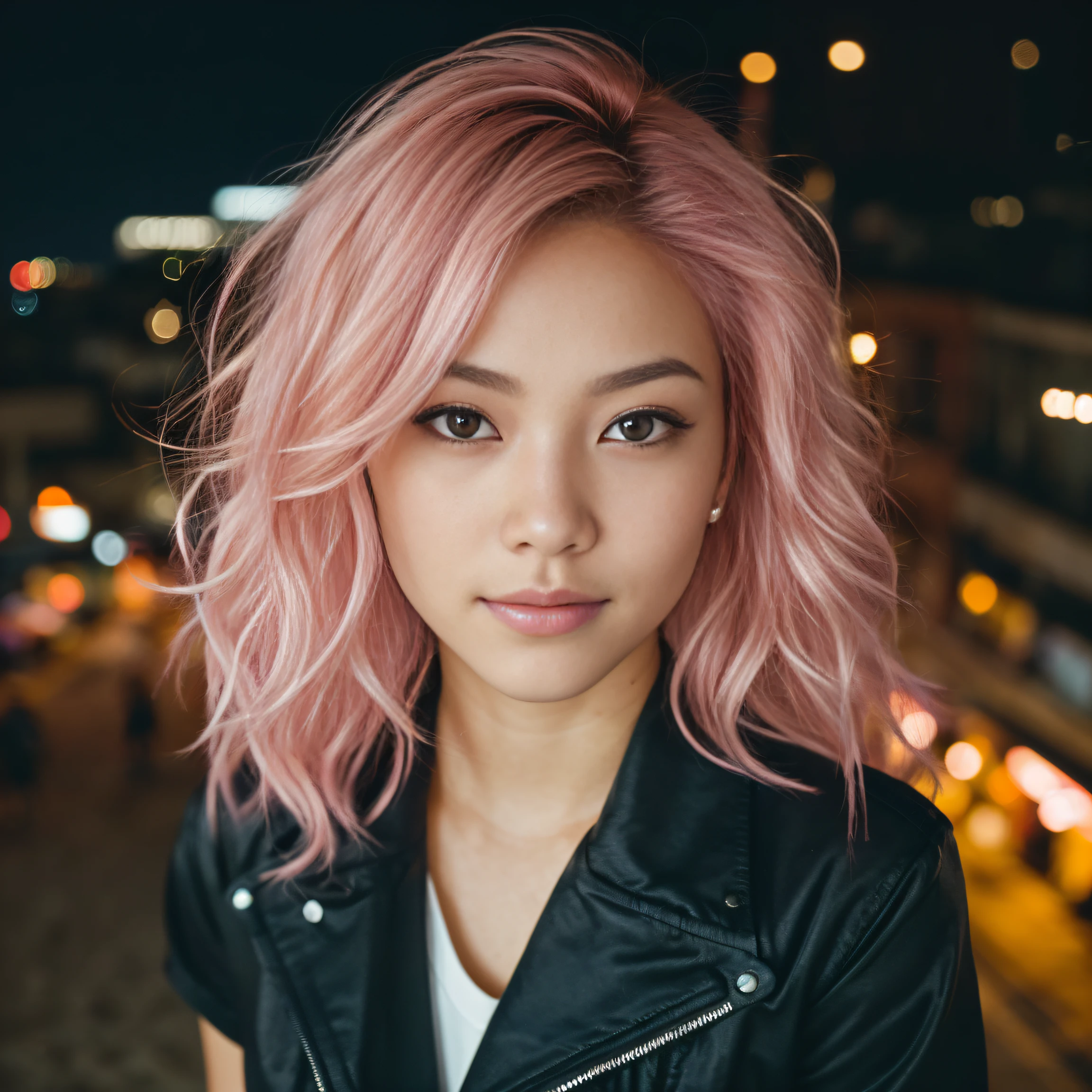 arafed woman with pink hair sitting on the beach, flowing pink hair, with pink hair, photo of a beautiful woman, long flowing pink hair, pink golden hour, curly pink hair, beautiful young asian woman, beautiful asian woman, wild ginger hair, pink wispy hair, light pink hair, a young asian woman, an asian woman, infp young woman, (taking selfies, overhead view: 1.4), (straight half of the torso: 1.4), Portrait photo of a 24-year-old french girl in RAW UHD format (Black-eyed woman) Walk down the dark alley, night city, Details (textures! , Hair! , glistering, Color!! , imperfections: 1.1), highly detailed glossy eyes (looking at the camera), DSLR Lighting, SLR camera, Ultra-Quality, sharpness, Depth of field, Film grain (Downtown), Fujifilm XT3, Crystal clear, Frame Center, beatiful face, sharp-focus, street lamp, neon lighting, bokeh (dimly lit), night time, (night sky), detailed skin pores, oilly skin, suntan, Complex eye details