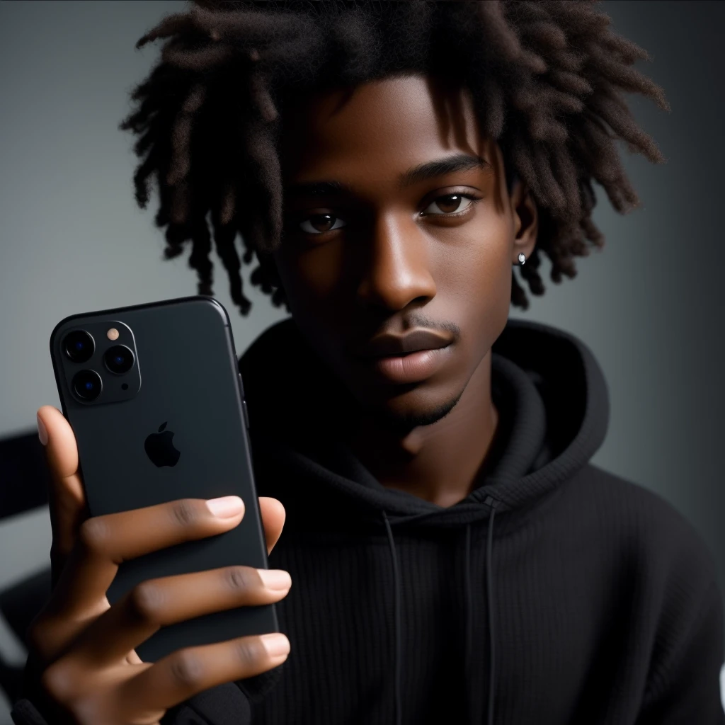 Il est un jeune locataire et possède un téléphone portable au rez-de-chaussée., Adolescent noir, Il tient un smartphone, L’homme a la peau noire, Un cyborg noir adolescent, en regardant son téléphone, Teint noir foncé, peau brune, peau noire, Homme noir aux cheveux afro, basané, peau foncée, Teint foncé, adolescent de  masculin, iPhone selfie