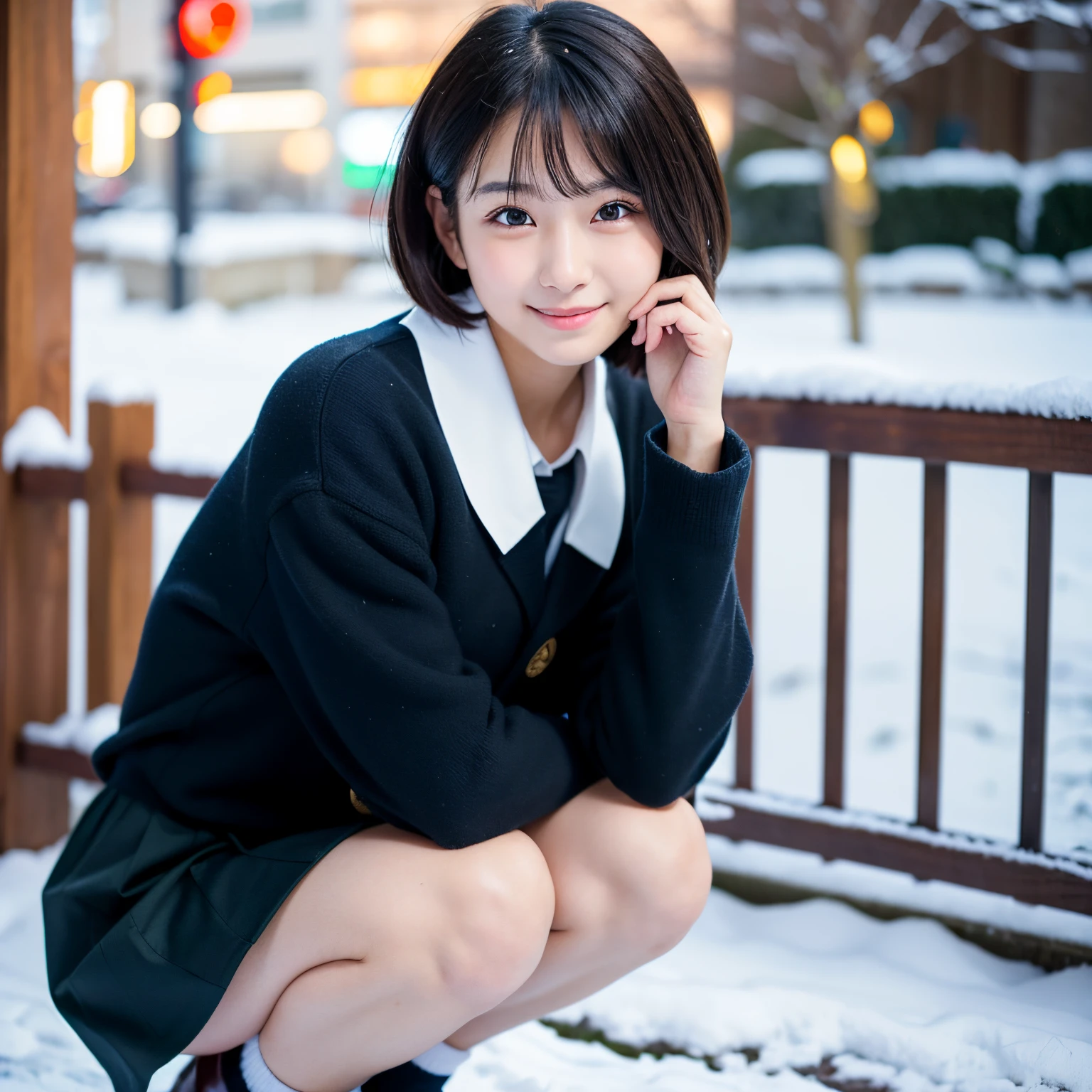 Best-quality, Masterpiece, Ultra-High-Resolution, (Photorealistic:1.4), Raw-Photo, Extremely-Details, Perfect-Anatomy, 1girl, -yeld, thost popular Japanese idol, (squatting, side view), wearing Japanese high-school winter uniform, looking at viewer, beautiful smile, detailed extremely beautiful hip, ((extremely beautiful face like a most famous Japanese idol, extremely beautiful big black solid circle eyes)), (extremely beautiful black short-cut-haired), extremely beautiful lips, extremely beautiful white skins, extremely beautiful breasts, extremely beautiful thighs, extremely beautiful body, extremely beautiful legs, detailed Japanese high-school winter uniform