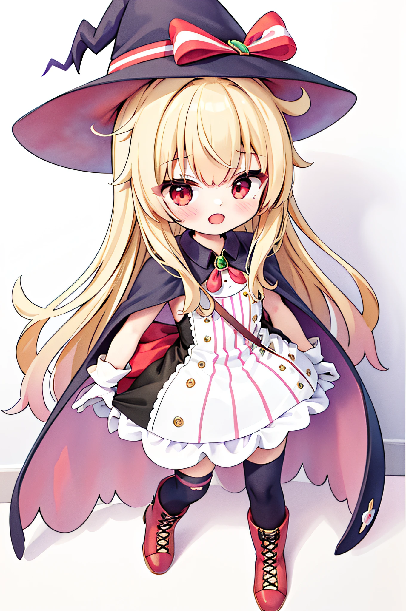 1girl, nobeta, witch hat, dress, cape, white gloves, thighhighs, :d, best quality,masterpiece,traditional media, marker_\(medium\),painting_\(medium\),watercolor_\(medium\),simple_background,1girl,witch,solo, full body,long hair, blonde hair, witch hat,red eyes,puffy sleeves,white_bow,dress,red_footwear,bow, short sleeves,boots