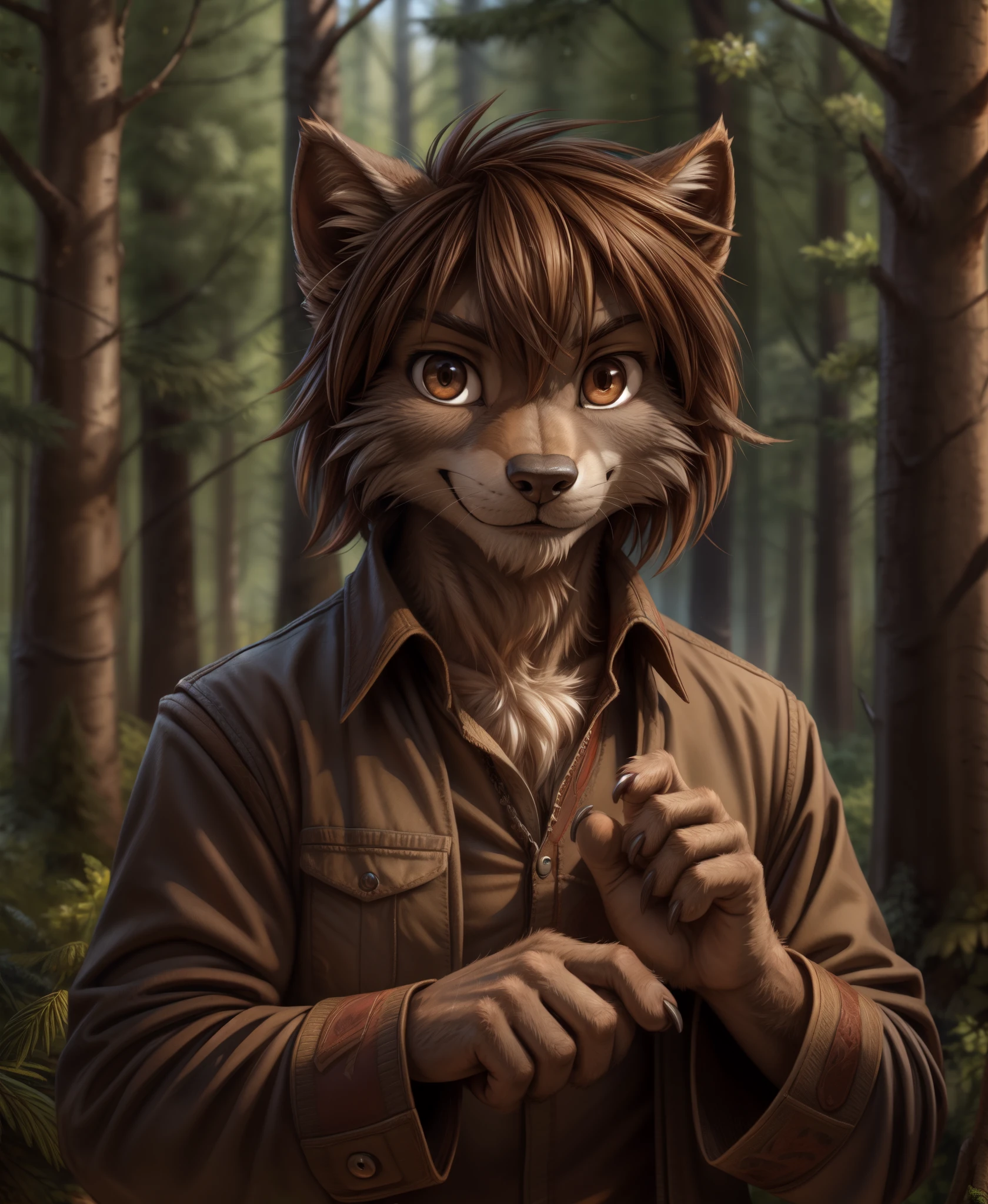 by kenket, by totesfleisch8, (by thebigslick, by silverfox5213:0.8), (by syuro:0.2),, zen-twokinds, twokinds, by tom_fischbach,, (best quality, masterpiece:1), solo, furry male anthro, brown eyes, medium hair, fingers, finger claws, looking at viewer, wolf tail (outdoors dark forest trees blurry blurred background:1.1),