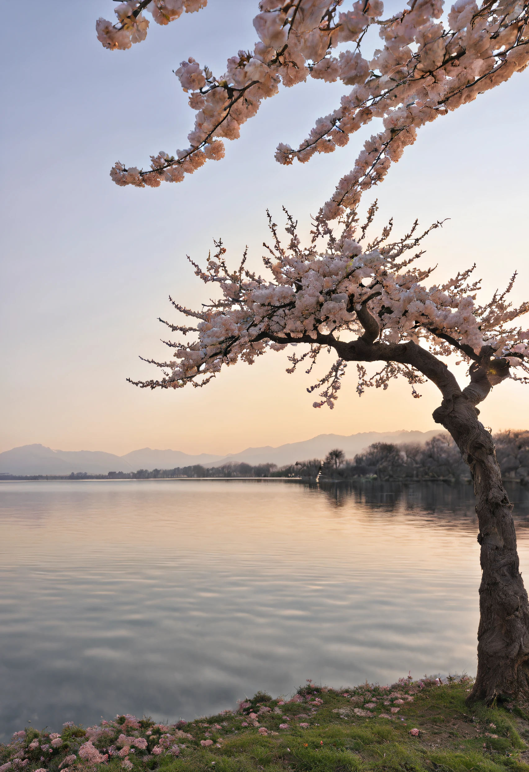 big cherry tree, hermoso , con muchas flores, To the left of the tree a lake with crystal clear and clean waters, con flores de cerezo esparcidas sobre sus aguas, debajo del lago una banqueta blanca, y con un camino de piedras negras hacia el lago, con 6 patos al rededor del lago, under a warm sunset