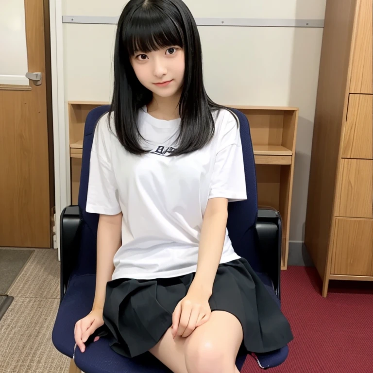 An ultra-high picture quality、Perfect Photo、Japan beautiful girl、17 age、female high-school student、Slender body、Black hair Long hair、With bangs、Cute room、Own room、Sit on a chair、Raised mini skirt、Stretch comfortably、Wearing only a plain white T-shirt、Gaze from the floor、Nokezoru、Adored expression、It hurts a lot、Dazzling、Looks very dazzling、((Stand up on one knee))、(Put one foot on the chair)、ankle、white sock、