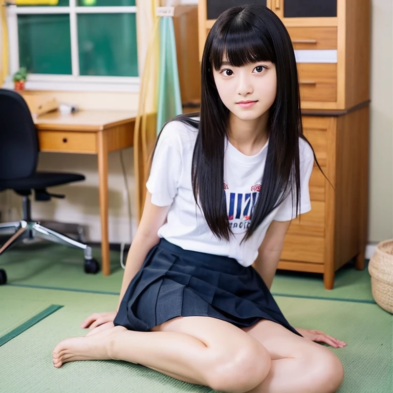 An ultra-high picture quality、Perfect Photo、Japan beautiful girl、、female high-school student、Slender body、Black hair Long hair、With bangs、Cute room、Own room、Sit on a chair、Raised mini skirt、Stretch comfortably、Wearing only a plain white T-shirt、Gaze from the floor、Nokezoru、Adored expression、It hurts a lot、Dazzling、Looks very dazzling、((Stand up on one knee))、(Put one foot on the chair)、ankle、white sock、
