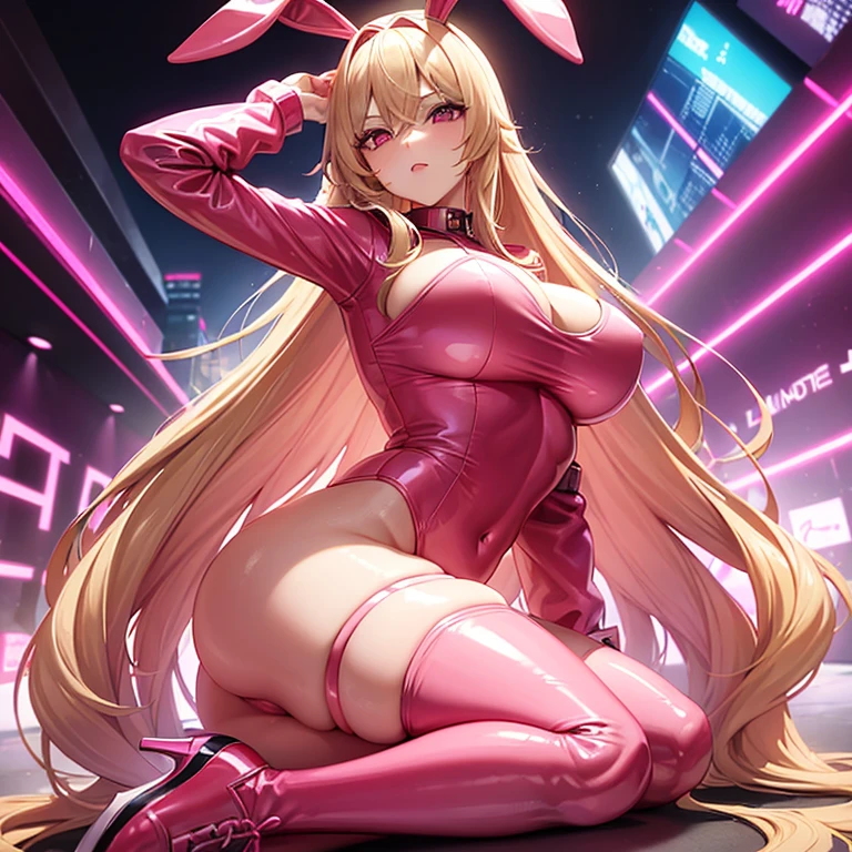 1 girl, long blond hair, pink eyes, pink latex bunny outfit, pink bunny ears, red jacket, large boobs, large ass, wide hips, sexy, futuristic city background, neon background, full body picture, masterpiece, beautiful.