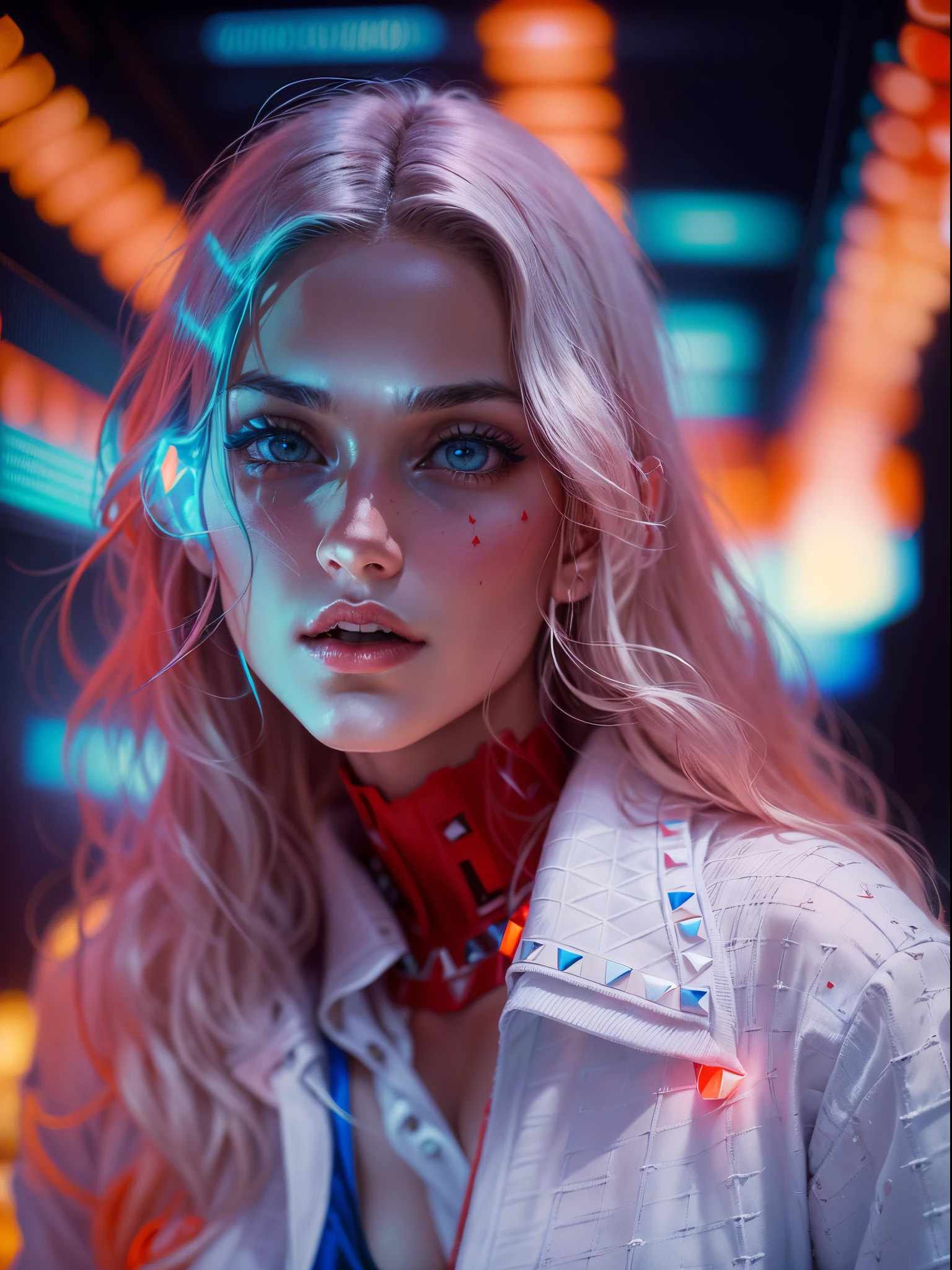 analogue fashion photo shot of young blonde woman with long hair, (((big boobs))) in a pixelated world, ((neon lights red and blue lights)), (((((high fashion white clothes in the style of Valentino))))), supermodel, sexy model poses, masterpiece, eye level, Kodak Funsaver, Porta 160, 20mm, bokeh, in the style of Nan Goldin, textured, distressed, ((vintage)), edgy, noisy, high contrast