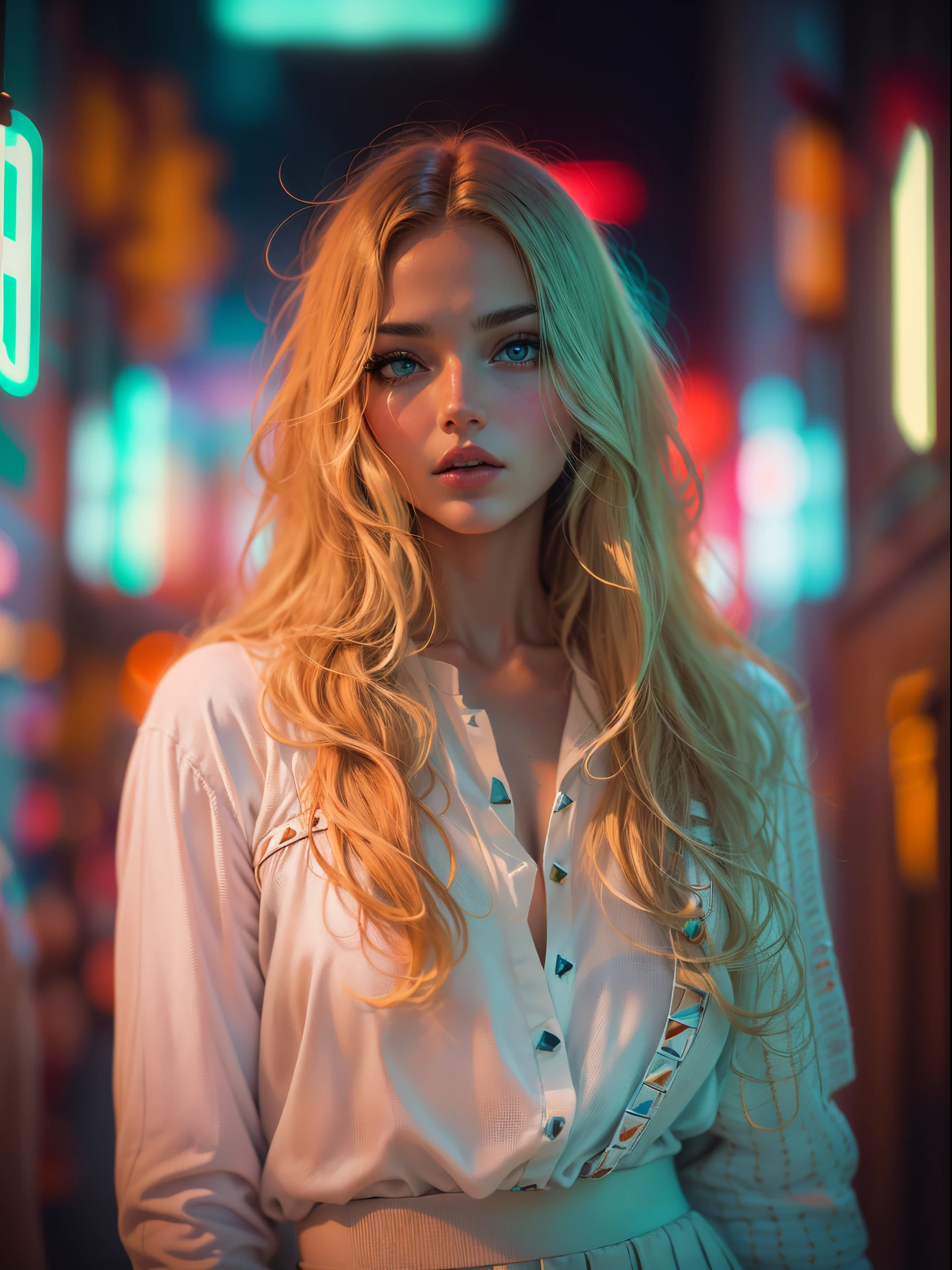analogue fashion photo shot of young blonde woman with long hair, (((big boobs))) in a pixelated world, ((neon lights red and blue lights)), (((((high fashion white clothes in the style of Valentino))))), supermodel, sexy model poses, masterpiece, eye level, Kodak Funsaver, Porta 160, 20mm, bokeh, in the style of Nan Goldin, textured, distressed, ((vintage)), edgy, noisy, high contrast