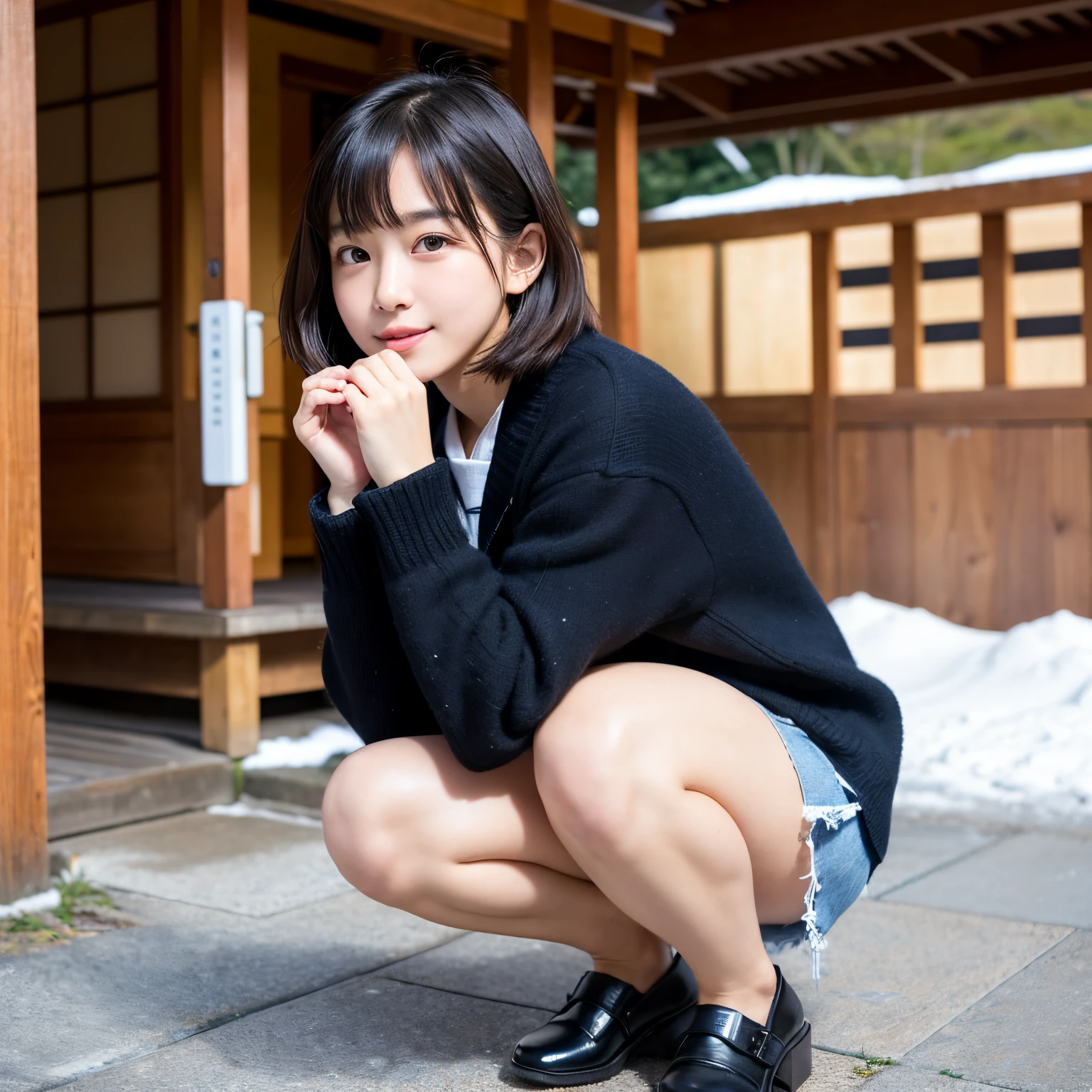 Best-quality, Masterpiece, Ultra-High-Resolution, (Photorealistic:1.4), Raw-Photo, Extremely-Details, Perfect-Anatomy, 1girl, 15-years-old, the most popular Japanese idol, (squatting, side view), wearing Japanese high-school winter uniform, looking at viewer, beautiful smile, detailed extremely beautiful hip, ((extremely beautiful face like a most famous Japanese idol, extremely beautiful big black solid circle eyes)), (extremely beautiful black short-cut-haired), extremely beautiful lips, extremely beautiful white skins, extremely beautiful breasts, extremely beautiful thighs, extremely beautiful body, extremely beautiful legs, detailed Japanese high-school winter uniform