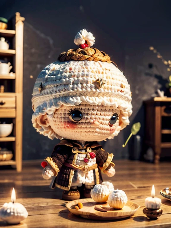 a cute white marshmallow head illustration, brave warrior, medieval style, 3d animation, a dark and enormous kitchen for background, Blurry background, lord of the rings ambience