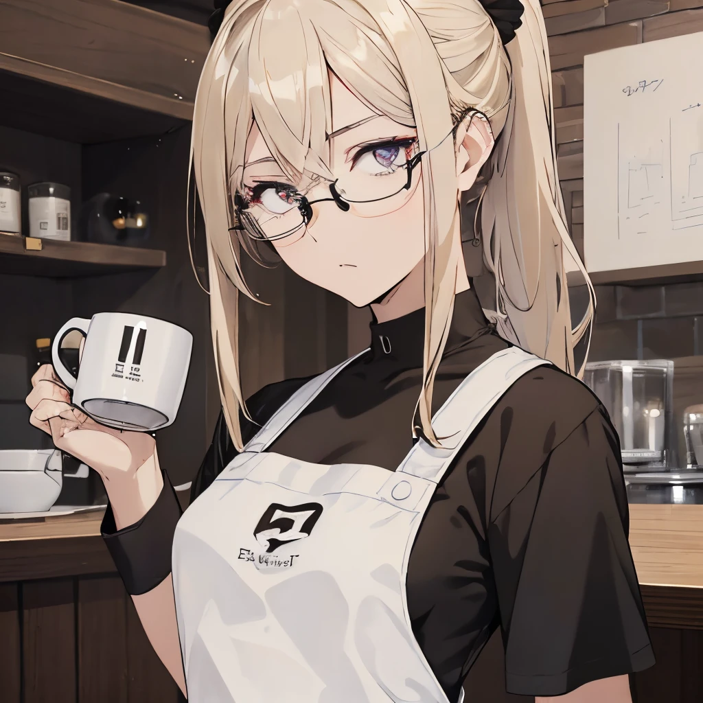 ⓪Action： drinking coffee, (coffee mug:1.4) ①Quality：(ultra-detailed:1.3), masterpiece, 8k, extremely detailed CG, (1 girl), Perfect hands:1.2), (Perfect Anatomy:1.2), (beautiful face: 1.1), Intricate Iris Details, Captivating Eye Reflections, Sparkling Highlights in the Eyes, Depth and Dimension in the Pupils, Subtle Color Variations in the Iris, Meticulous Eyelash Details,　Depth and Dimension in the Pupils, ②Lighting：brightening light, moody lighting, nature lighting, Best Illumination, ③ part: (flat chest: 1.4),  floating hair, detailed face, detailed eyes,  shiny hair, ④Style: animation, illustration, ⑤Subject： (ponytail hair:1.3), (blonde hair, straight hair, long hair, black eyes, sanpaku eyes ), ⑥Environment： Cafe,kitchen,bar , ⑦Construction：Upper body, (extreme close-up view: 1.3), Looking at Viewer, very wide shot, from below, ⑧Costume : (T-shirt, apron: 1.3), (glasses:1.5), ⑨Others：(slender body、small head、Seven-headed body),