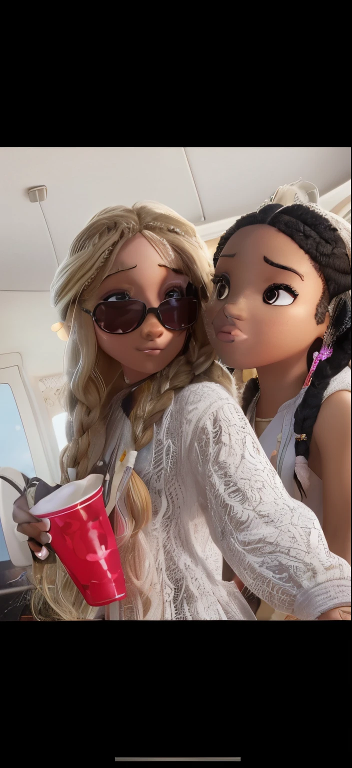 2 girls. White girl on left with long blonde hair with 2 hair clips upfront with sunglasses on and long eyelashes. On the right side is a black girl with black hair and 2 braids with long eyelashes and a tongue ring