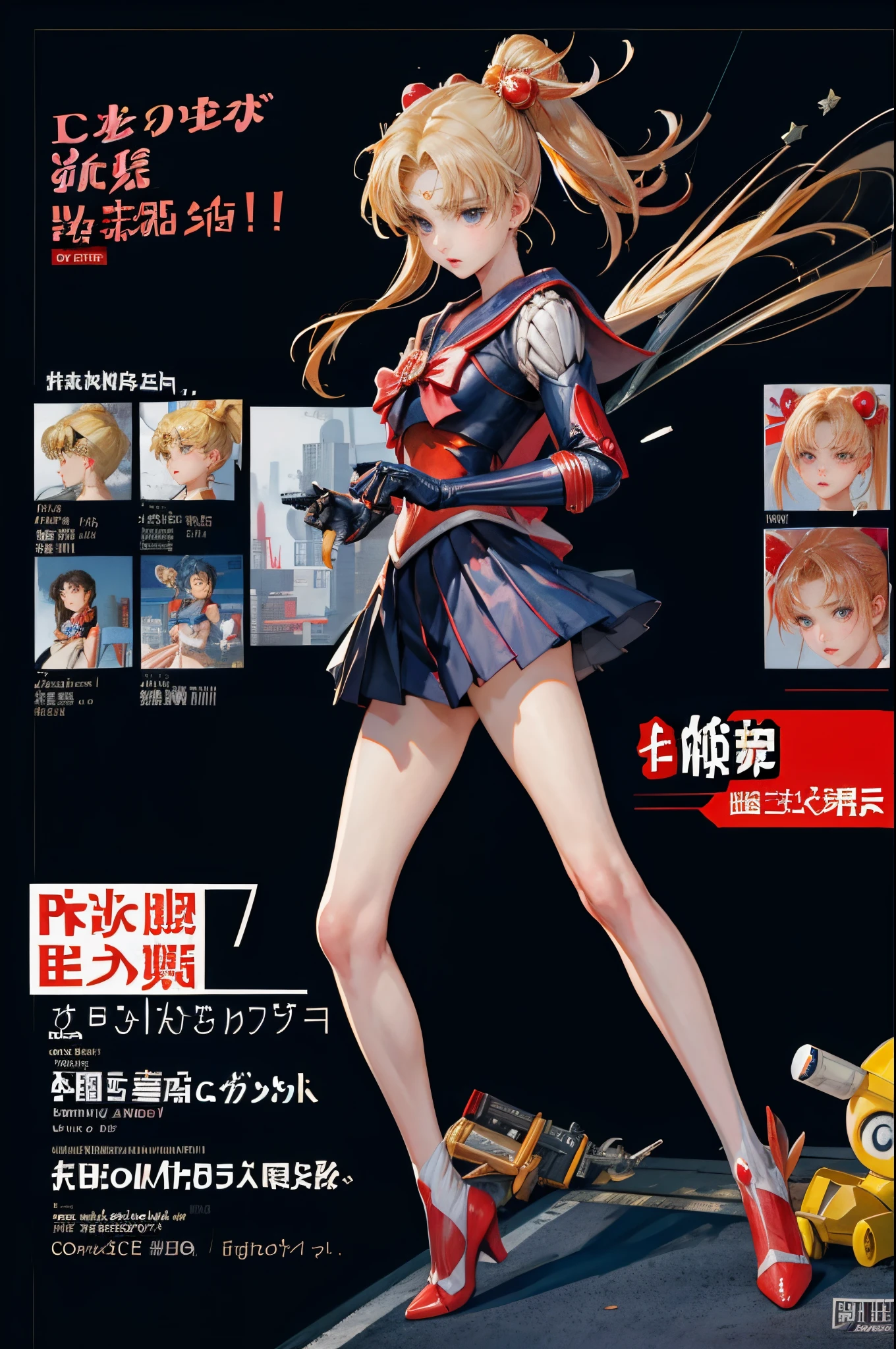 high detal、High level of image quality、real photograph、Japanese beautiful girl、one blonde、Twente、cyber punk personage、future city night、Sailor Moon small breasts、full body seen、Violent explosion、Fight with robots、a scene from the movie、arma