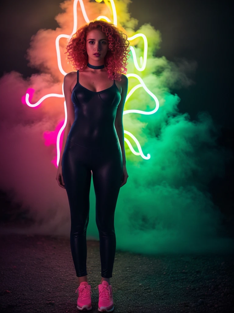 cyanotype, (full body shot, ultra-detailed, best quality, photorealistic:1.37, 4k, realistic, photography, female model, curly redhead, dressed with neon, iconic pose, very dark, low key, detailed facial features, pink fog, vibrant colours, 35mm)