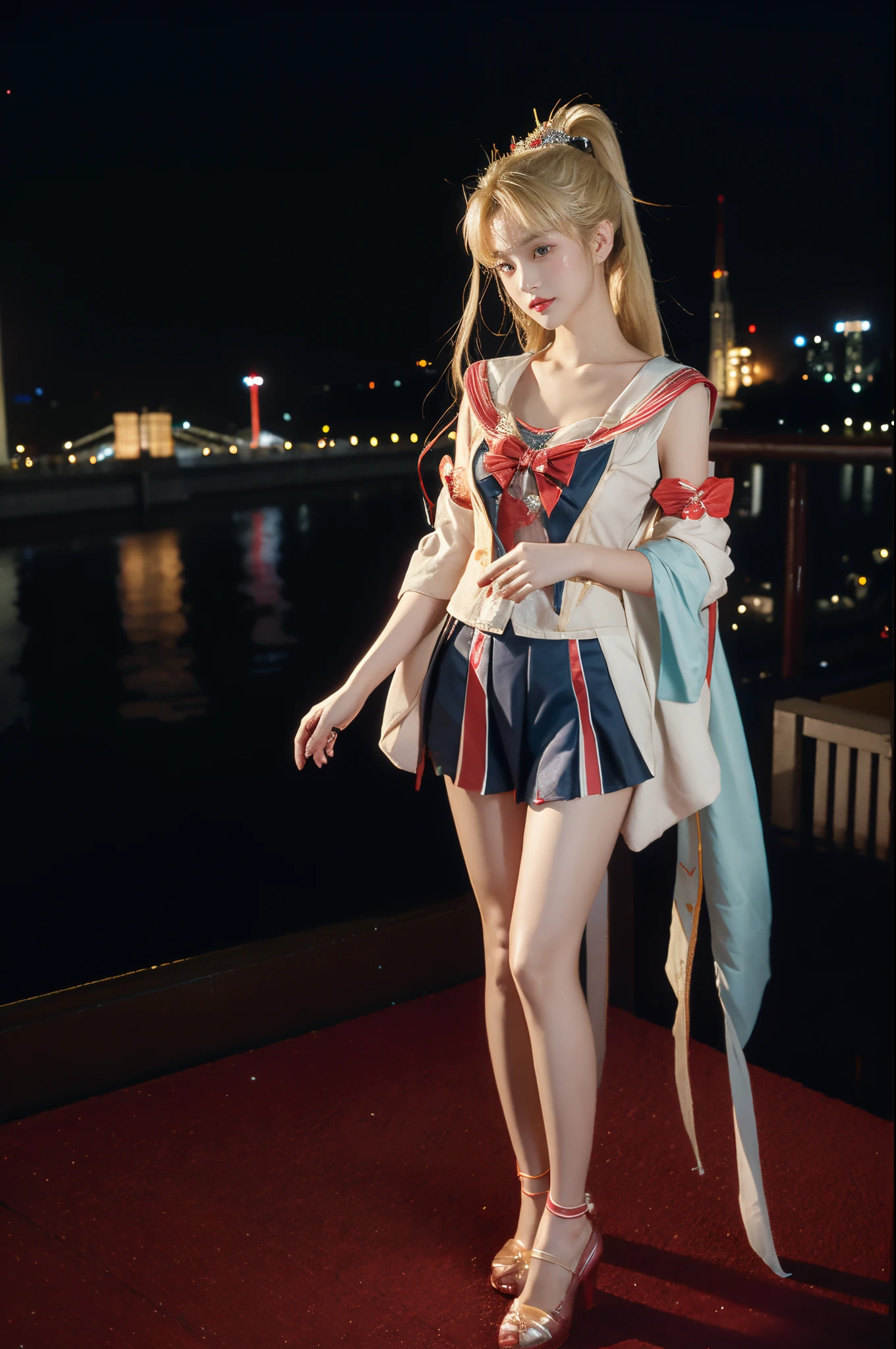 high detal、High level of image quality、real photograph、Japanese beautiful girl、one blonde、Twente、cyber punk personage、future city night、Sailor Moon small breasts、full body seen、dynamicposes、a scene from the movie、arma