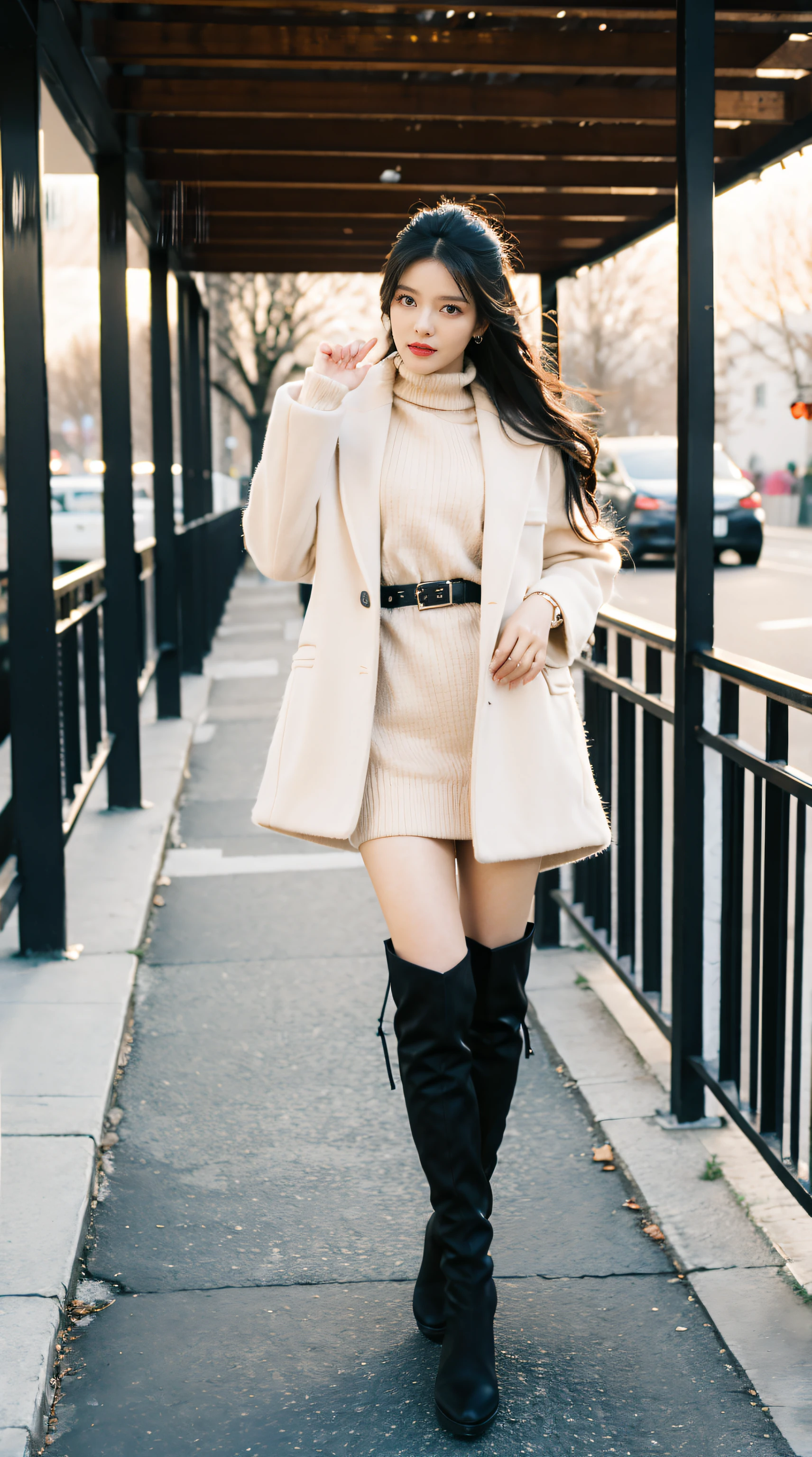 Best quality at best,tmasterpiece,超高分辨率,(realness:1.4),RAW photogr,hyper HD,8K,There is one girl,Stylish clothes,Chanel style,Winter clothes,fashionable attire,Stylish skinny suit,tigh-high boots,Over-the-knee boots,high-class fashion,ellegance,best selling,Casual pose