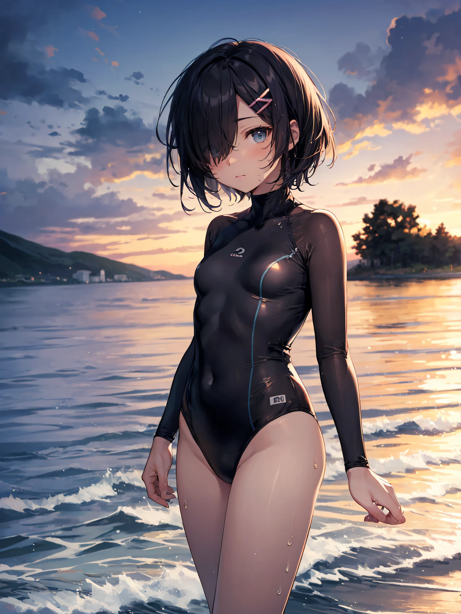 of the highest quality, anime moe art style,Best Anime 8K Konachan Wallpapers,Pixiv Contest Winner,Perfect Anatomy, BREAK,(Draw a picture of a girl in a swimsuit walking on the beach.),BREAK, 1girl is a beautiful girl with poor luck.,(Solo,Lori,,13yea:1.3),a junior imbs, complete fingers, Short hair, Forehead, (Hair over one eye:1.4),Small breasts, Small butt, Beautiful detailed eyes, groin, Wet, Shiny skin, Cowboy Shot, hair clips, Swimsuit, in beach.BREAK,Ultra-detailed,High resolution,super detailed skin,
AI best writing, Illustration,