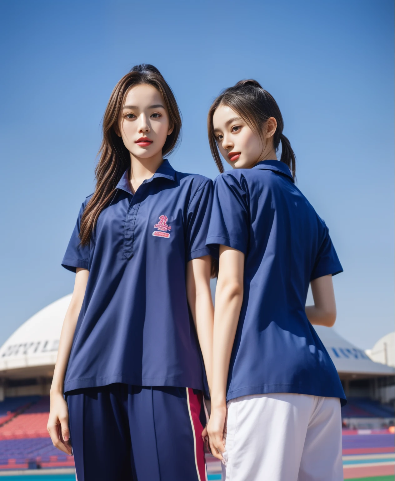 (bestquality,10,10,highres,masterpiece:1.2),ultra-detail,(Realistic,photorealistic portrait,photo-realistic:1.37),1 Cute girl in the football field,oily shiny skin,bara,light smile,BDclothes,((blue shirt:1.3)),short sleeves,shirt, trousers.,(navy_long_Pants Track:1.1), ((Stadium Background:1.3)),dynamic angle,excited,face focus,Dynamic Poses,from behide,Ass Focus,masterpiece, bestquality, ultra realistic, hyper-detail, 8k resolution, RAW photo, crisp focus, ((Navy blue shirt:1.1)), short sleeves, Long Path, Perfect body, 2 mature women, 18yo, cinematic light,Blue sweatpants,Gymware,Correct anatomy,Complete body, Correct body, sharp face, Anatomically correct body, full entire body, Realistic gestures, long-haired, Realistic poses,Wear long shorts...............................,Long leg span,Shapely,Sculpting Girl, Slender Figure, mannequin mannequins, Shapely, Beautiful body,Blue sweatpants, Two girls kissing