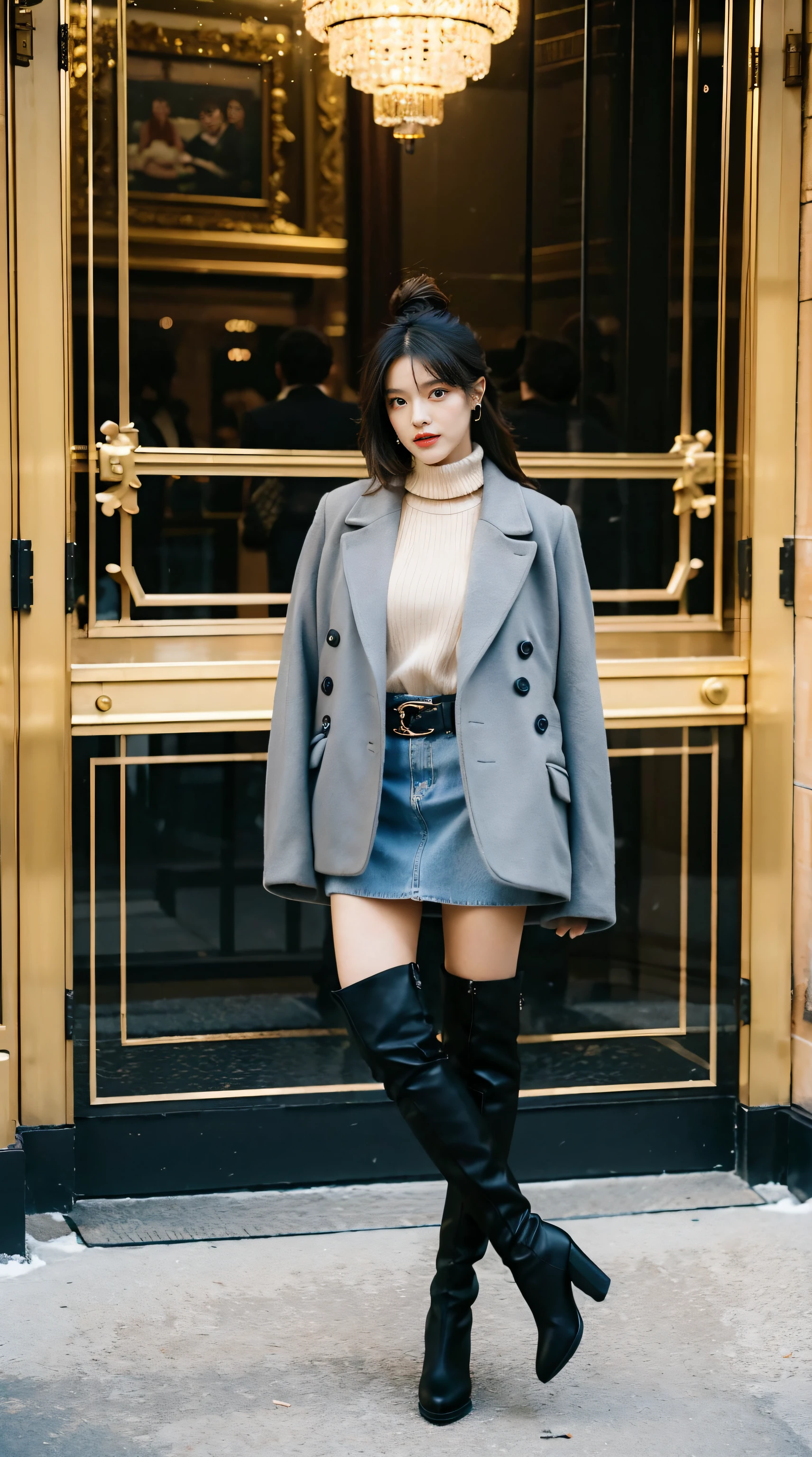 Best quality at best,tmasterpiece,超高分辨率,(realness:1.4),RAW photogr,hyper HD,8K,There is one girl,Stylish clothes,Chanel style,Winter clothes,fashionable attire,Stylish skinny suit,tigh-high boots,Over-the-knee boots,high-class fashion,ellegance,best selling,Casual pose