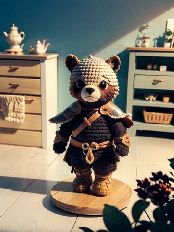 a cute bear cub illustration, brave warrior, medieval style, 3d animation, a dark and enormous kitchen for background, Blurry background, lord of the rings ambience