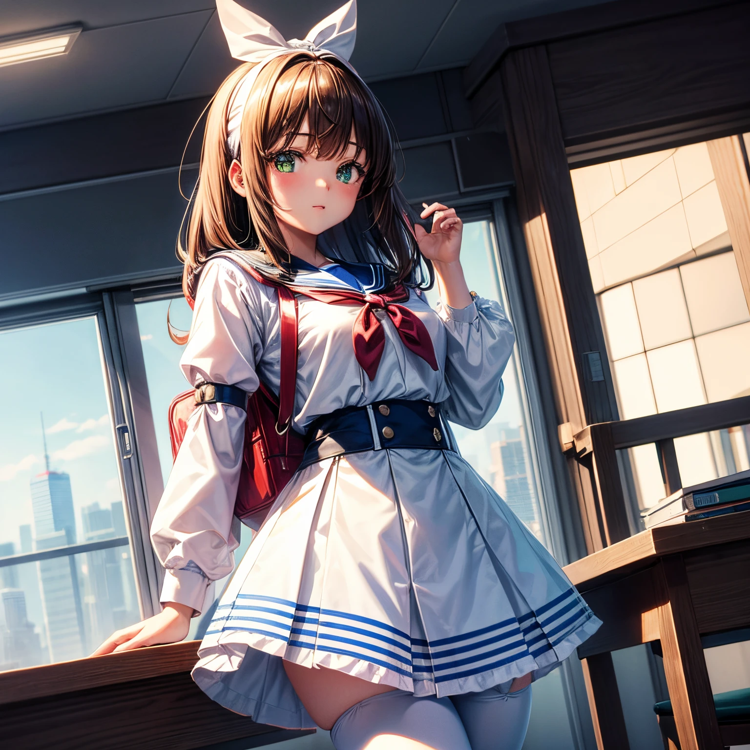 A cute japaneese girl, drawn in anime style, futuristic, Y2K aesthetic, sci-fi, jade green eyes, long brown hair, ribbon headband, small breast, white and blue futuristic sailor lolita dress with puffy sleeves, red ribbon, navy blue pantyhose, school shoes, school bag, school crest, standing in high tech futuristic classroom, computers, highly detailed, 4K.