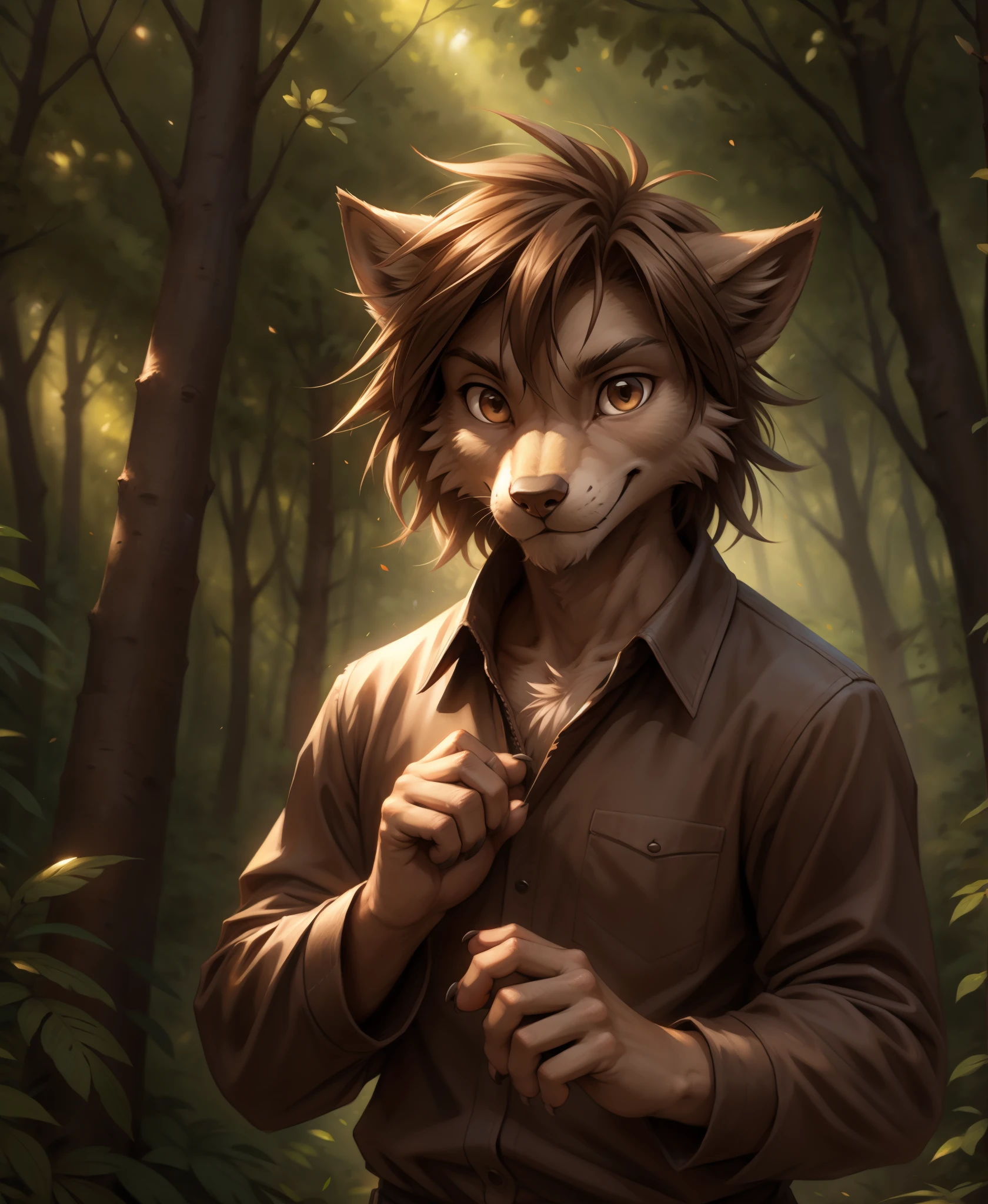 by kenket, by totesfleisch8, (by thebigslick, by silverfox5213:0.8), (by syuro:0.2),, zen-twokinds, twokinds, by tom_fischbach,, (best quality, masterpiece:1), solo, furry male anthro, brown eyes, medium hair, fingers, finger claws, looking at viewer, wolf tail (outdoors dark forest trees blurry blurred background:1.1),