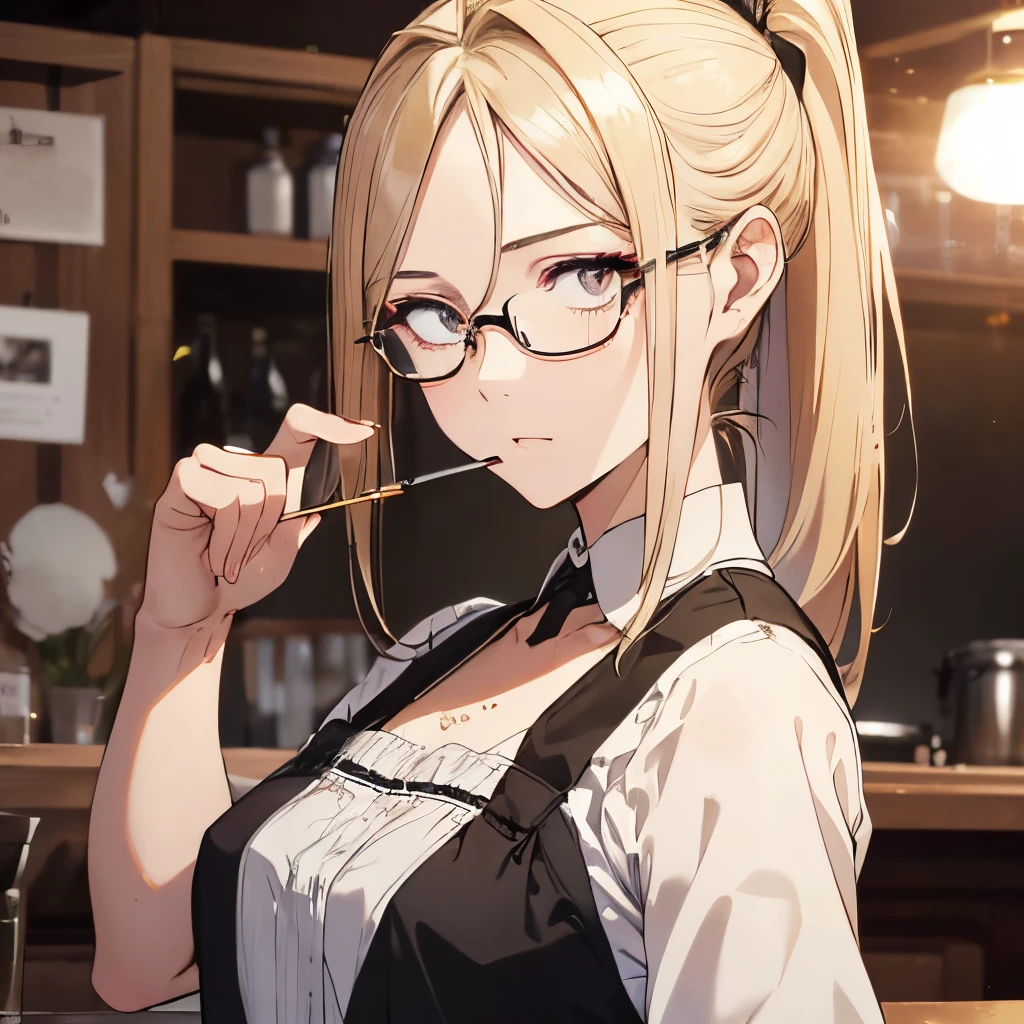 ⓪Action：(smoke a cigarette: 1.0), ①Quality：(ultra-detailed:1.3), masterpiece, 8k, extremely detailed CG, (1 girl), Perfect hands:1.2), (Perfect Anatomy:1.2), (beautiful face: 1.1), Intricate Iris Details, Captivating Eye Reflections, Sparkling Highlights in the Eyes, Depth and Dimension in the Pupils, Subtle Color Variations in the Iris, Meticulous Eyelash Details,　Depth and Dimension in the Pupils, ②Lighting：brightening light, moody lighting, nature lighting, Best Illumination, ③ part: (flat chest: 1.4),  floating hair, detailed face, detailed eyes,  shiny hair, ④Style: animation, illustration, ⑤Subject： (ponytail hair:1.3), (blonde hair, straight hair, long hair, black eyes, sanpaku eyes ), ⑥Environment： Cafe,kitchen,bar , ⑦Construction：Upper body, (extreme close-up view: 1.3), Looking at Viewer, very wide shot, from below, ⑧Costume : (cafe apron: 1.3), (glasses:1.5), ⑨Others：(slender body、small head、Seven-headed body),
