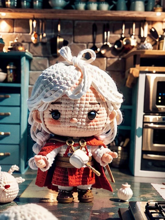 a cute white marshmallow head illustration, brave warrior, medieval style, 3d animation, a dark and enormous kitchen for background, Blurry background, lord of the rings ambience