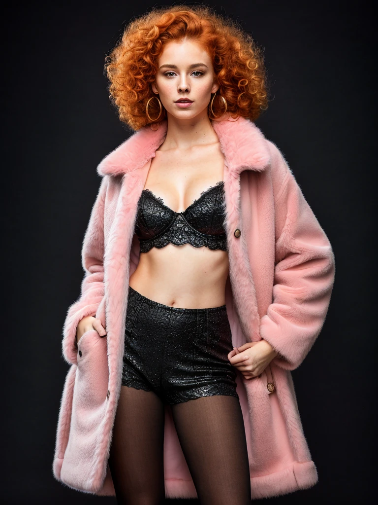 (full body shot, ultra-detailed, best quality, photorealistic:1.37, 4k, realistic, photography, female model, curly redhead, dressed with furry coat, iconic pose, very dark, low key, detailed facial features, pink fog, vibrant colours, 35mm)