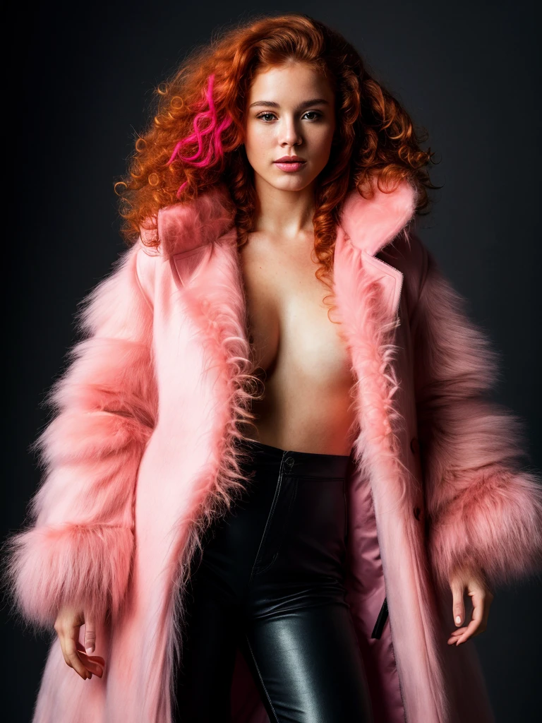 (full body shot, ultra-detailed, best quality, photorealistic:1.37, 4k, realistic, photography, female model, curly redhead, dressed with furry coat, iconic pose, very dark, low key, detailed facial features, pink fog, vibrant colours, 35mm)