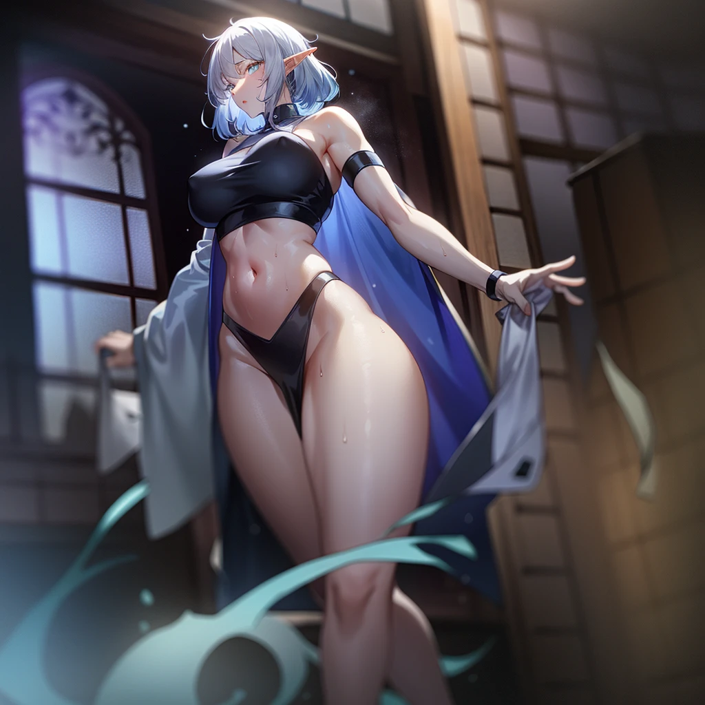 A tall and beautiful elf woman, light blue glowing eyes, cold expression, proud posture, chest up, lavender skin, purple facial tattoos, silver tied hair, exposed chest, exposed shoulders , showing her navel and thighs, looking up at the camera, with sweat on her body, her wet body, in a medieval inn.