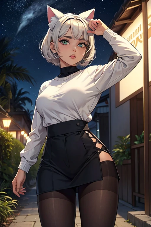 cat ears on the head of a beautiful young woman wearing short hair, usando meias preta longas e sueter branco apertado,corpo inteiro na foto,floresta a noite varias luzes,belas coxas, coxas lindas belhos olhos verdes detalhados., sueter branco apertado,maio apertado , tight pantyhose, mini saia , ceu limpo a noite com estrelas numafloresta a noite,short curto linda jovem.