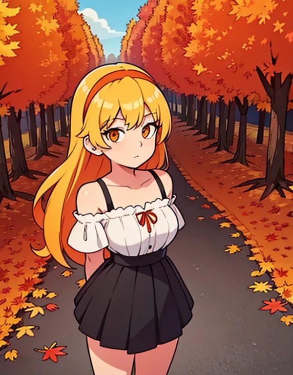 1girl, blonde hair, long hair, orange eyes, red hairband, standing, white ruffle off-the-shoulder top, black skirt, park, trees, beautiful backround, perfect eyes, looking at viewer, arms behind back, (autumn:1.2), pov