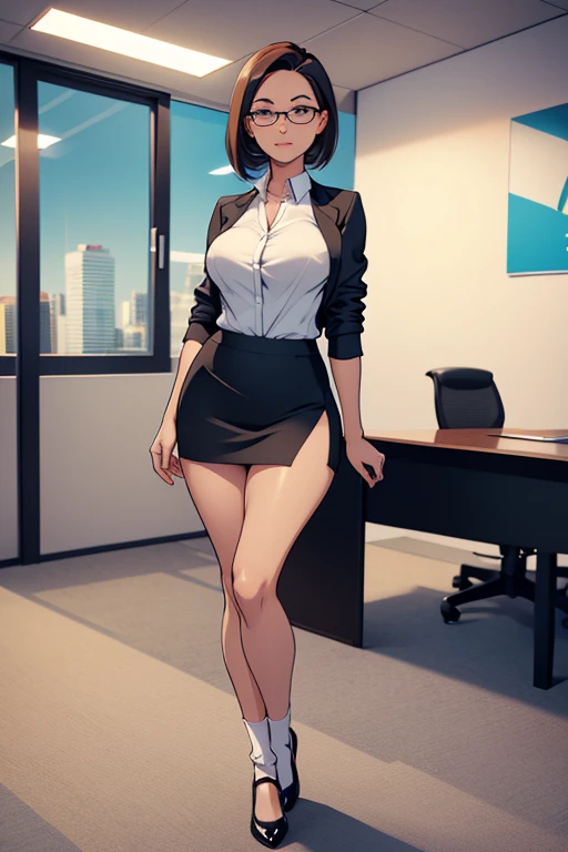 Full body photo of a beautiful sexy secretary wearing extremely short skirt and stitched socks, standing exactly, ((sozinho)), adulto, at office, salto alto, desejo seios grandes, suado