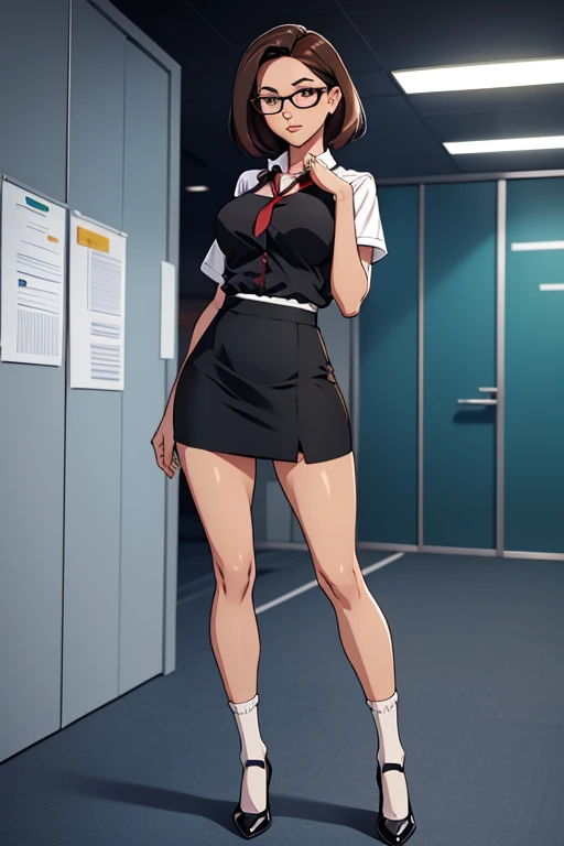 Full body photo of a beautiful sexy secretary wearing extremely short skirt and stitched socks, standing exactly, ((sozinho)), adulto, at office, salto alto, desejo seios grandes, suado